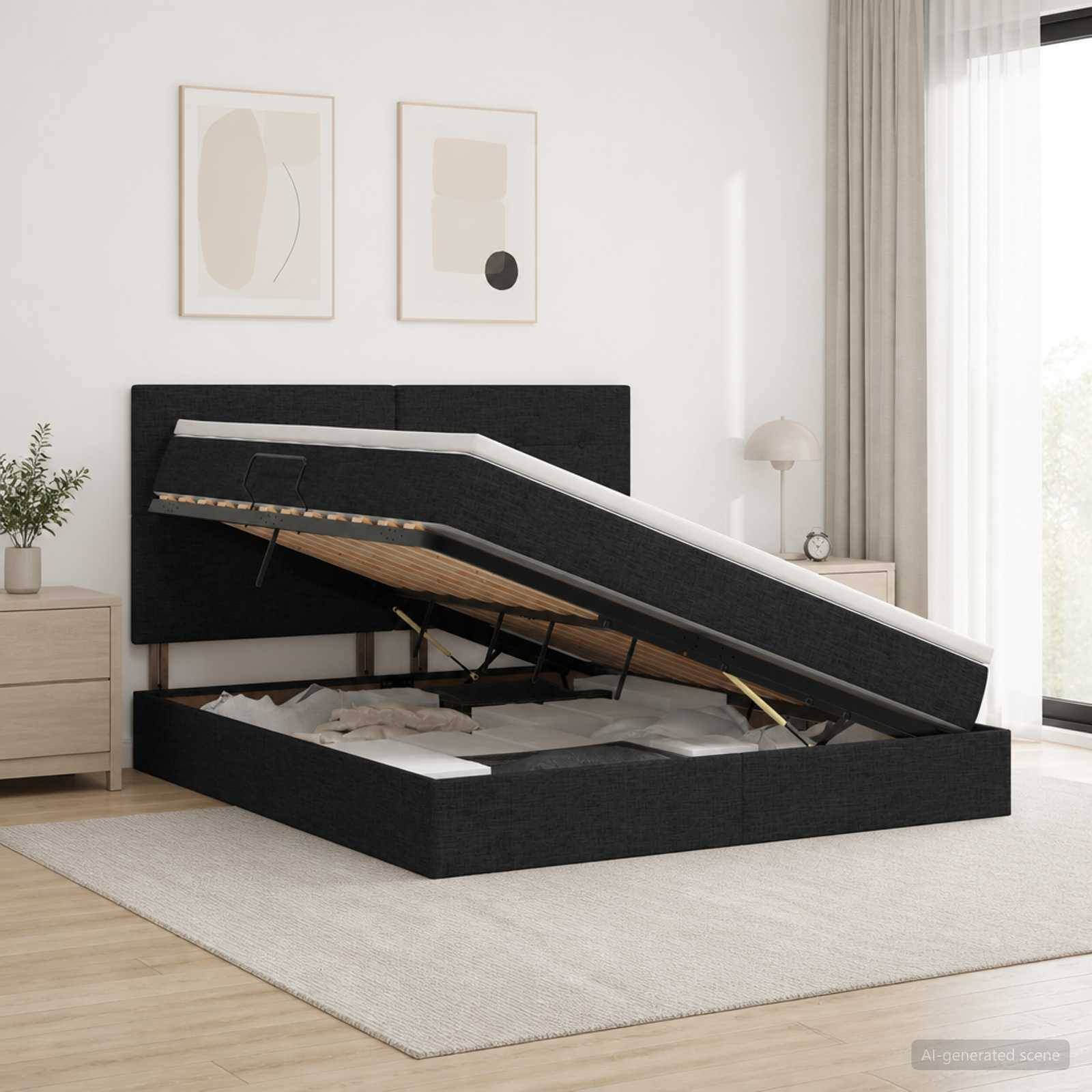 Modernes Bettgestell mit Hubmechanismus zur Aufbewahrung angehoben, wodurch die Matratzenunterlage in einem minimalistischen Schlafzimmer sichtbar wird.