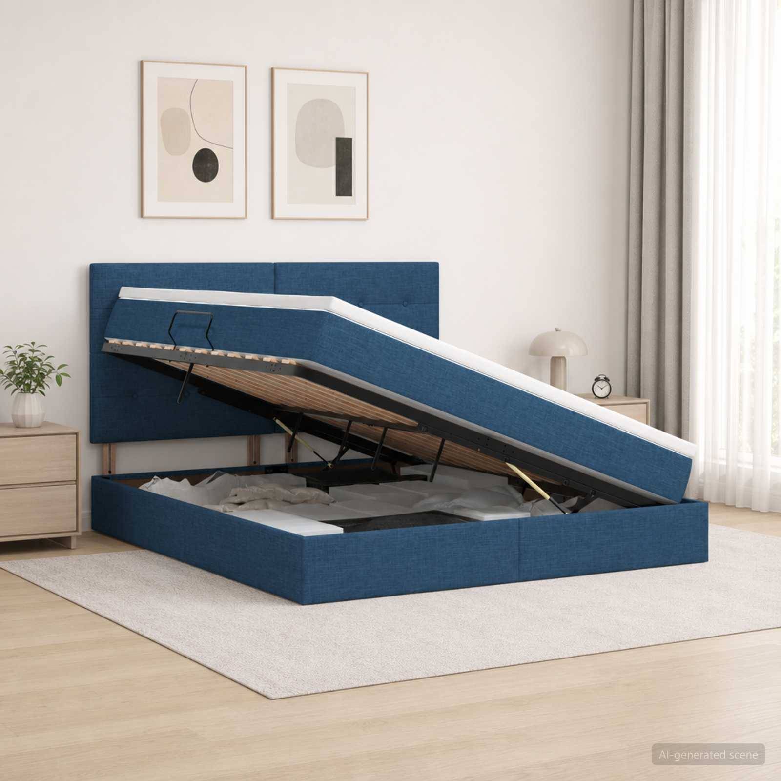 Blau gepolstertes Bett mit Hubmechanismus in einem hellen Schlafzimmer, wobei die Matratzenunterlage angehoben ist, um das Lagerfach unter dem Bett freizulegen.