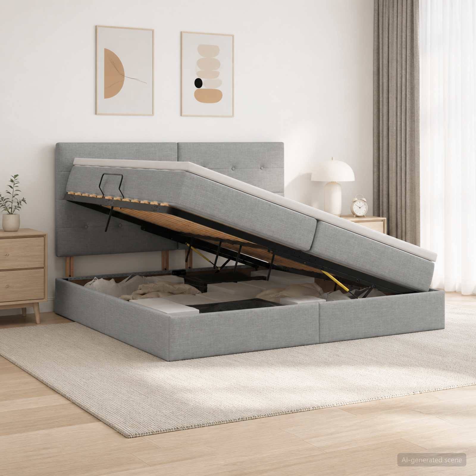 Graues gepolstertes Bett mit Stauraum und hochklappbarer Matratze, die ein Unter-Bett-Fach offenbart, in einem minimalistischen Schlafzimmer