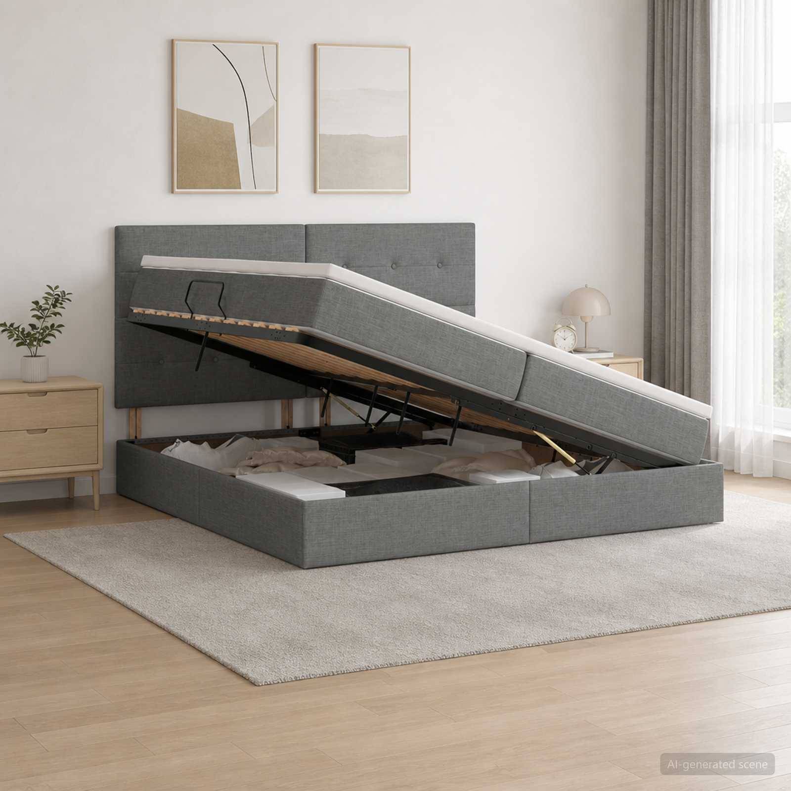 Grau gepolstertes Bett mit aufklappbarem Stauraum­sockel, offen, um das Unter­bett­fach in einem hellen, minimalistischen Schlaf­zimmer zu zeigen.