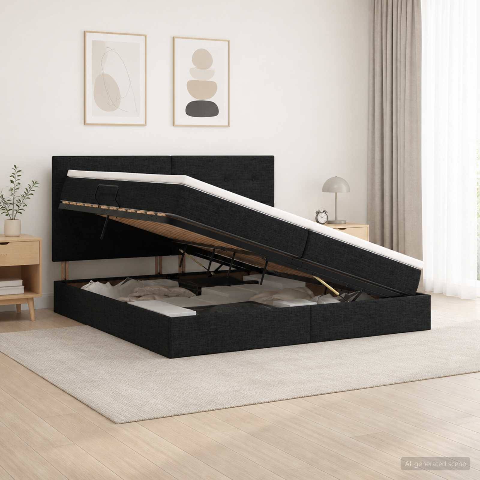 Schwarzes gepolstertes Plattformbett mit angehobener Speicherbasis in einem hellen minimalistischen Schlafzimmer, das den Zugang zum Stauraum unter dem Bett zeigt.