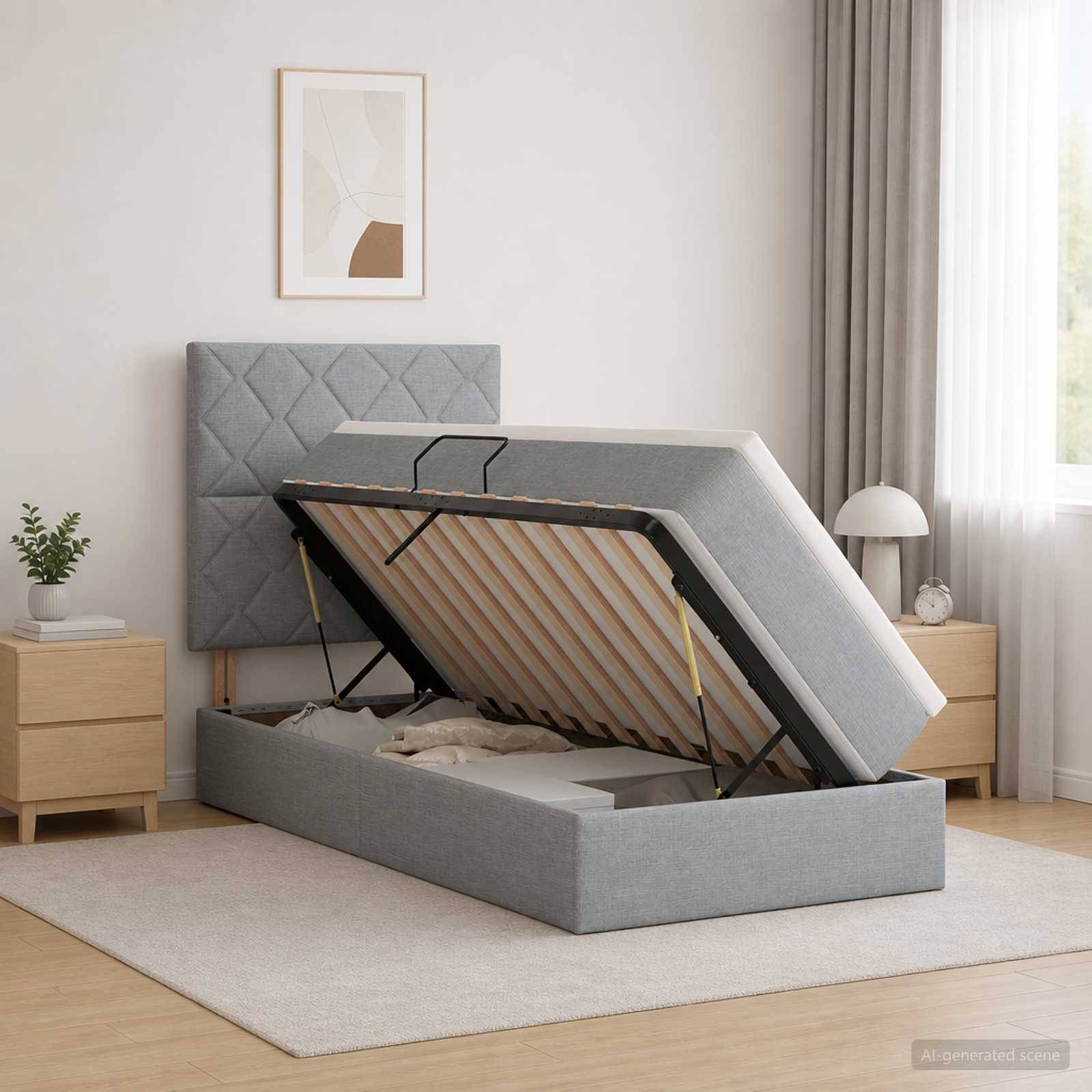 Grau gepolstertes Speicherbett mit aufgeklapptem Deckel, das die Lamellenbasis und das verborgene Unter-Bett-Fach in einem modernen Schlafzimmer zeigt.
