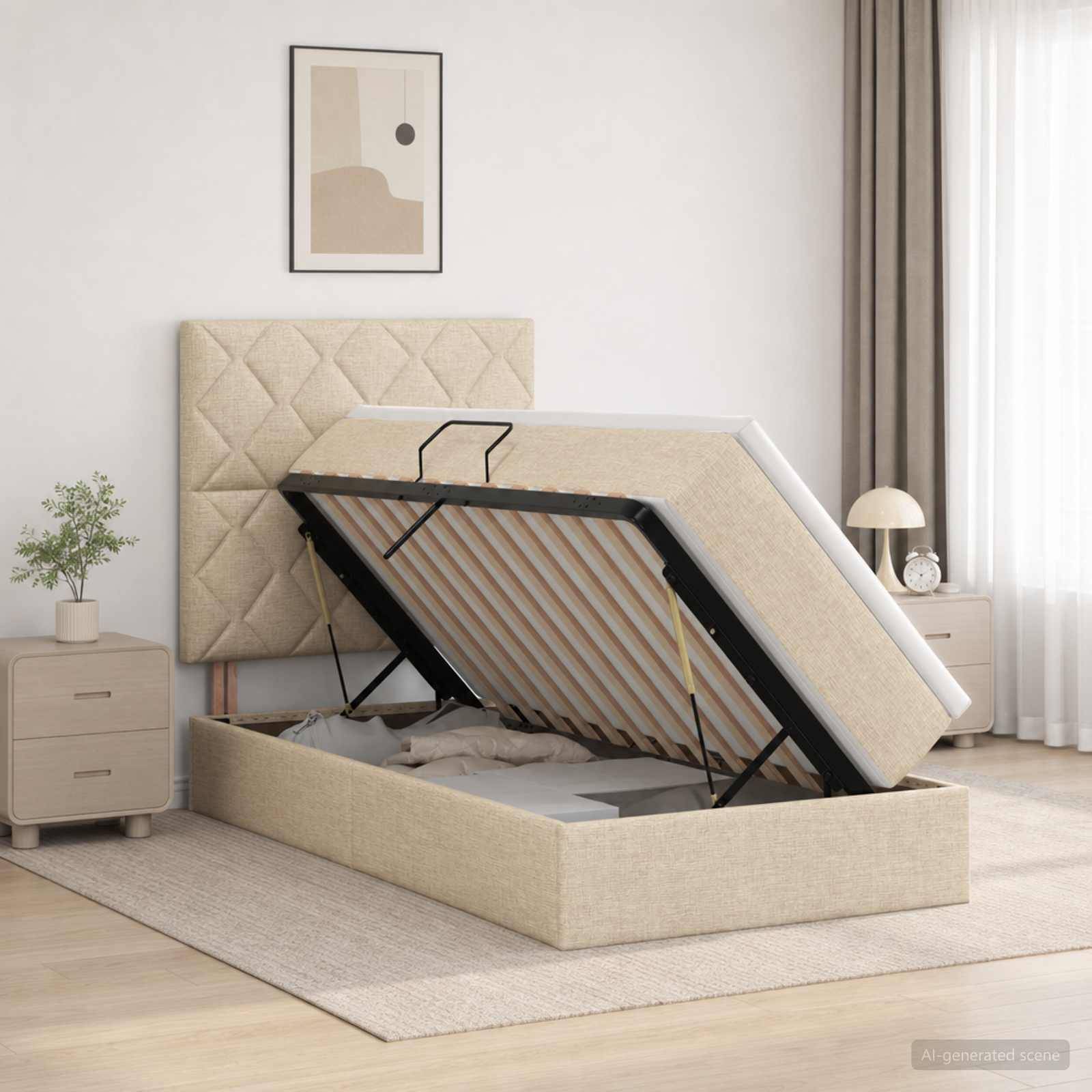 Beiges gepolstertes Bett mit Hubmechanismus in einem hellen Schlafzimmer, das die angehobene Matratze auf einem Metallrahmen zeigt, um den Stauraum unter dem Bett freizulegen.