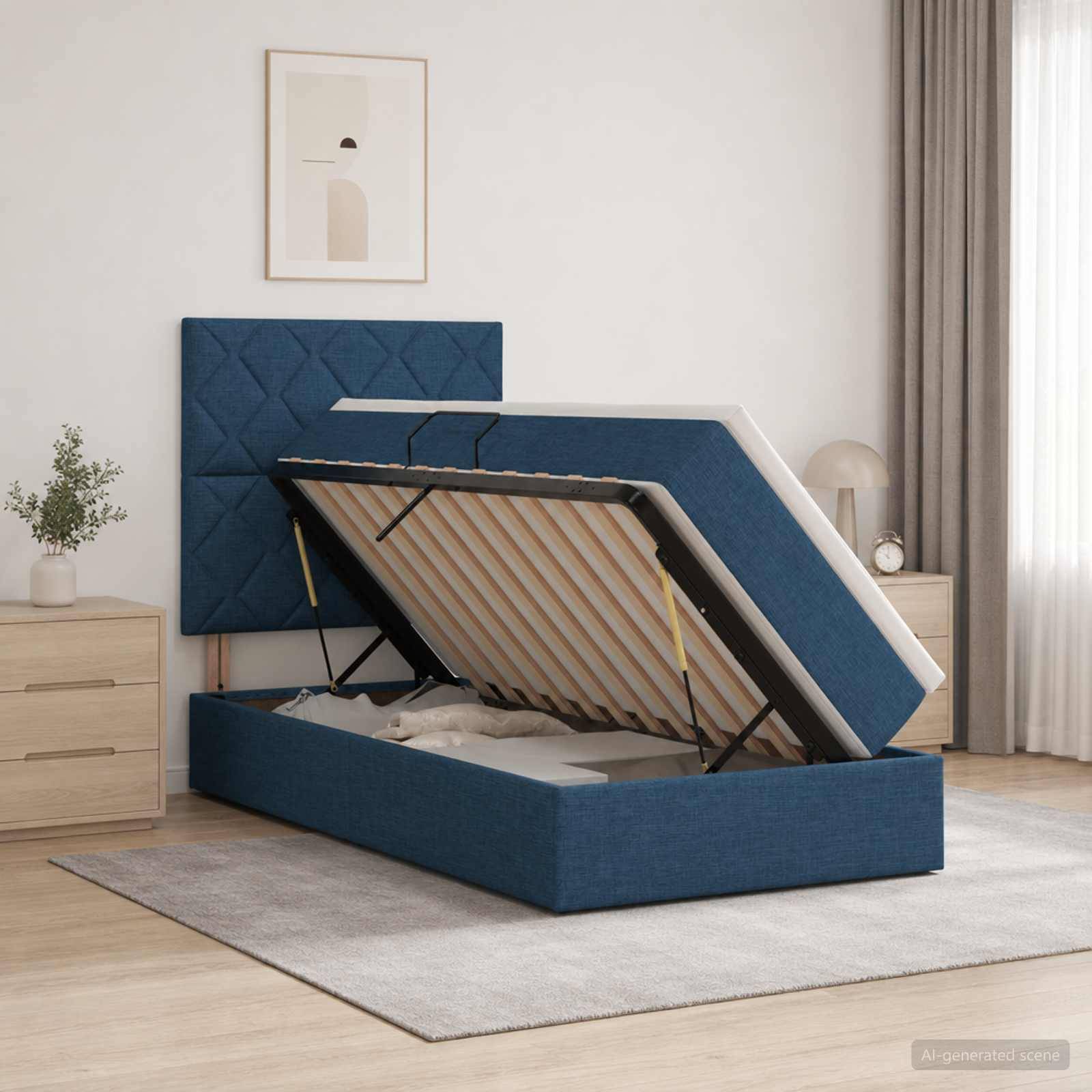Blaugepolstertes Bett mit Stauraum und Kopfteil aufgeklappt, das Lattenrost und den Unterbereich mit Stauplatz in einem modernen Schlafzimmer zeigend.