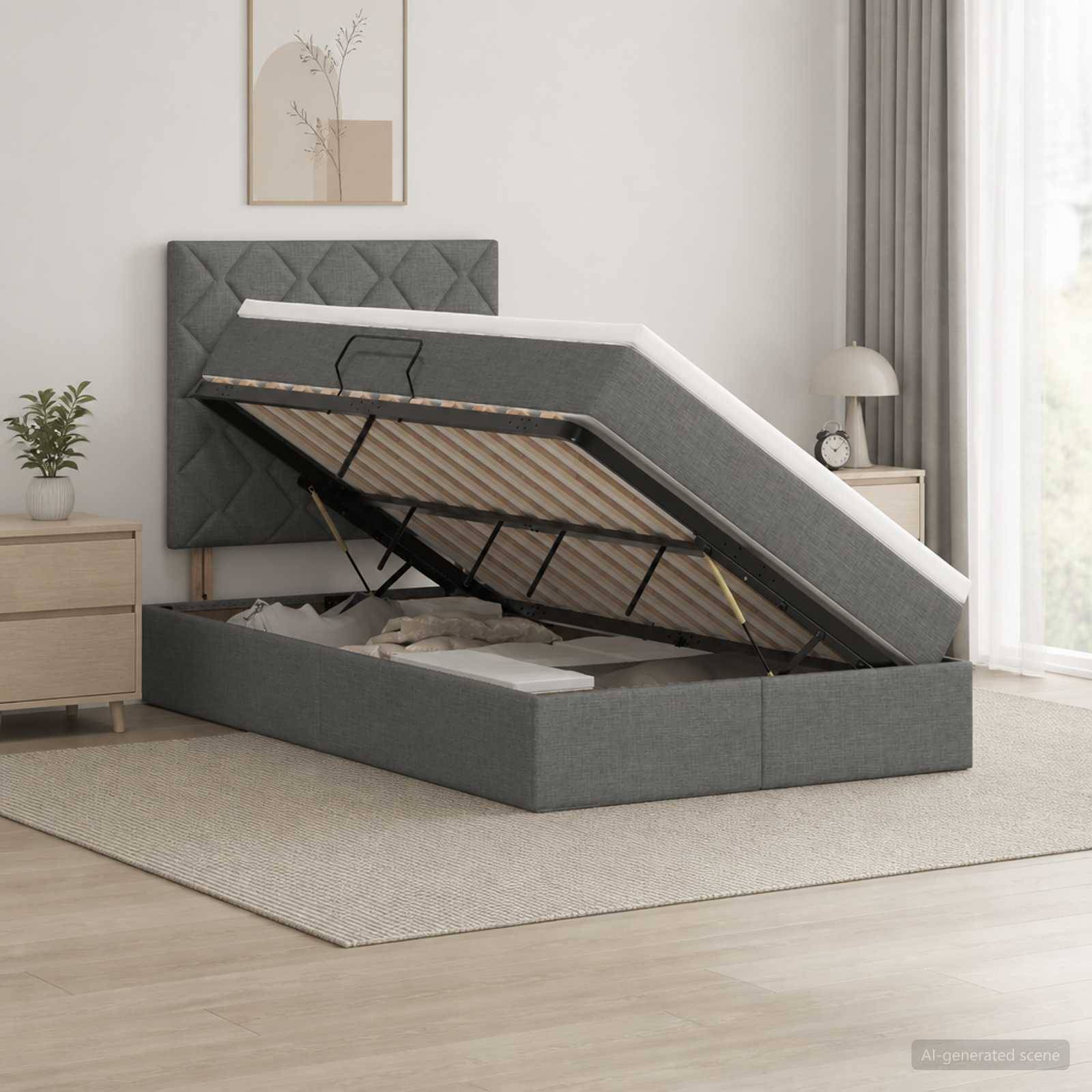 Grau gepolstertes Bett mit angehobenem Stauraumboden und sichtbarem Matratzenrahmen in einem hellen Schlafzimmer.