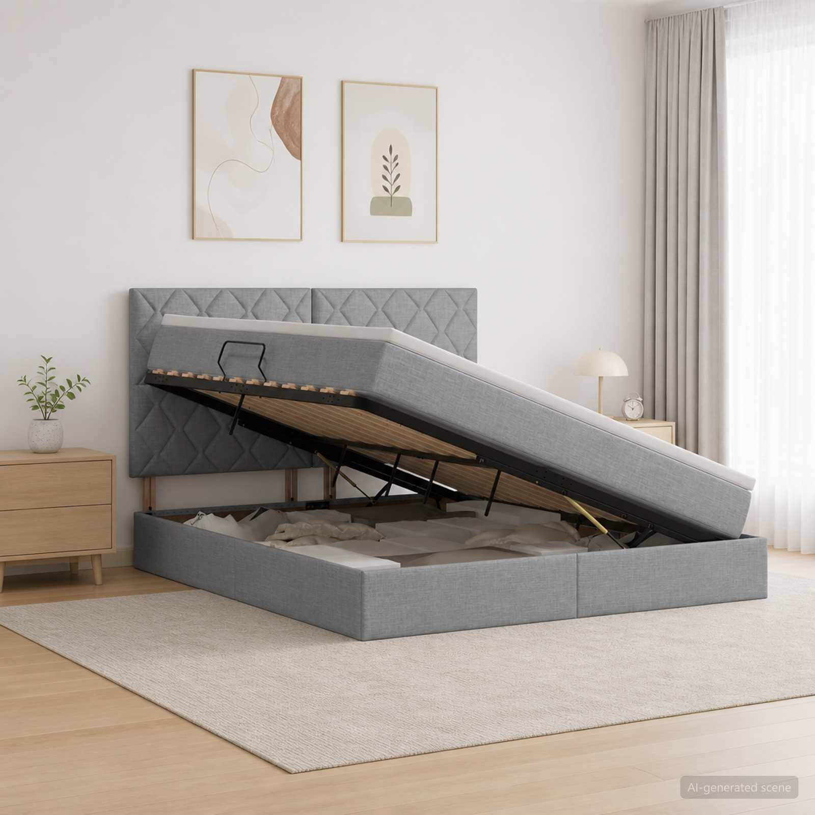 Grau gepolstertes Speicherbett mit Matratze auf einem Gas-Lift-Rahmen angehoben, zeigt unter dem Bett Stauraum in einem minimalistischen Schlafzimmer.