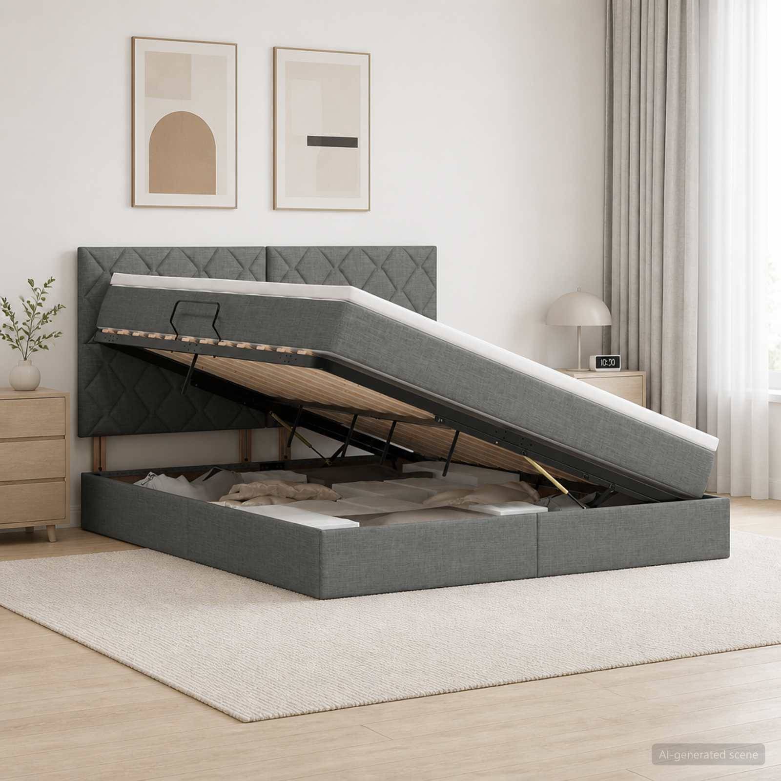 Grauer gepolsterter Bettrahmen mit Hebebettfunktion und offener Aufbewahrungsfläche in einem minimalistischen Schlafzimmer