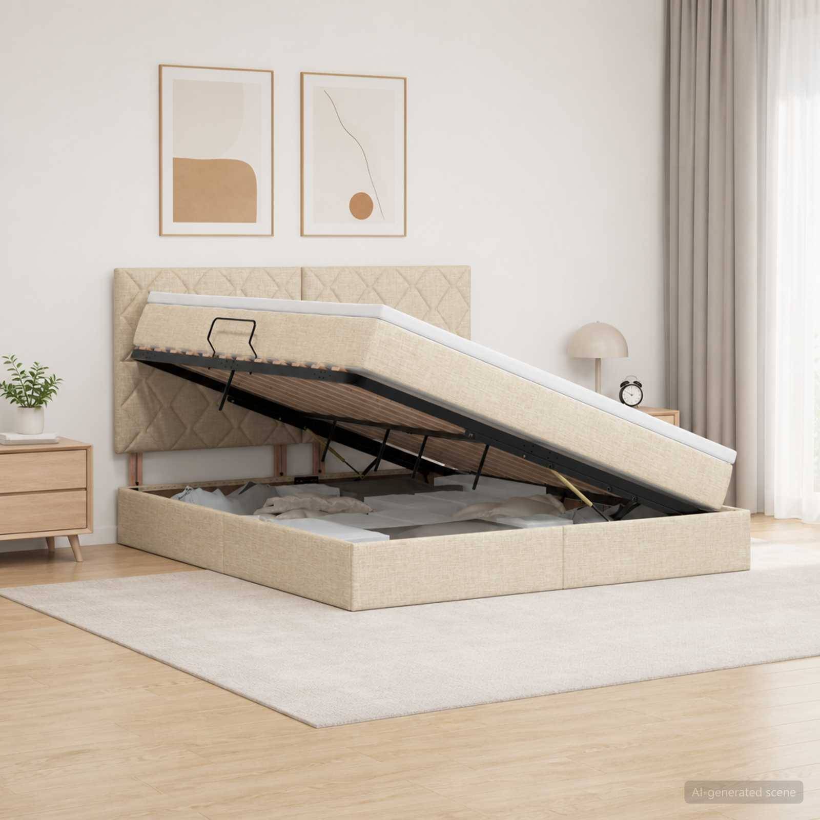 Beige gepolstertes Bett mit Gasfedern in einem minimalistischen Schlafzimmer, wobei die Matratze angehoben ist, um den Stauraum unter dem Bett freizulegen.