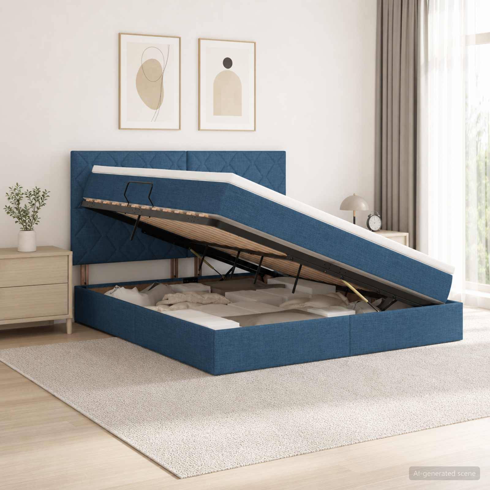 Blau gepolstertes Ottomanbett mit aufgeklappter Matratze auf Lagerscharnieren, die den Stauraum im Inneren eines modernen Schlafzimmers zeigt.