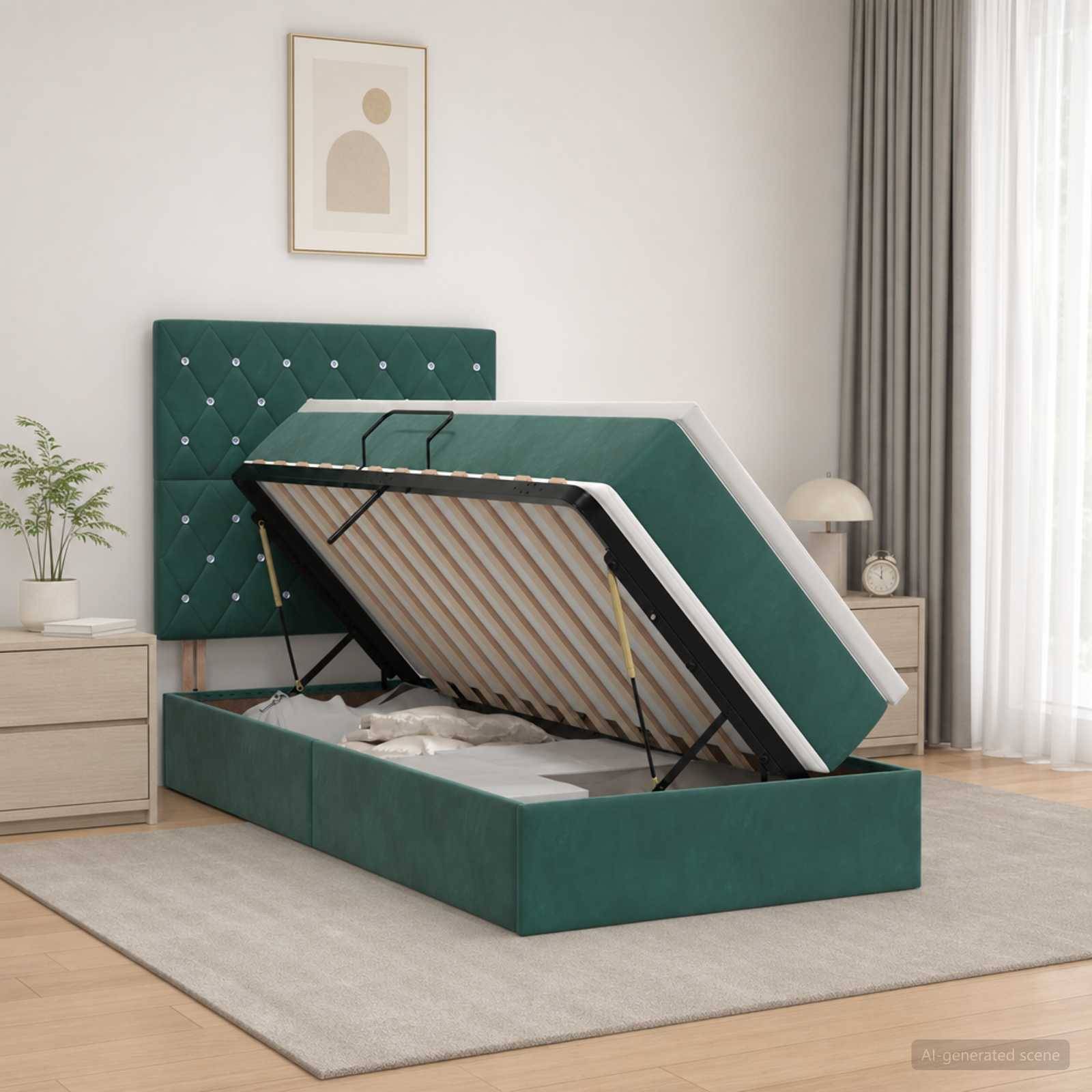 Grünes Polsterbett mit Stauraum-Hubfunktion, teilweise offen, um die Matratzenauflage und das Unter-Bett-Fach in einem modernen Schlafzimmer zu zeigen.