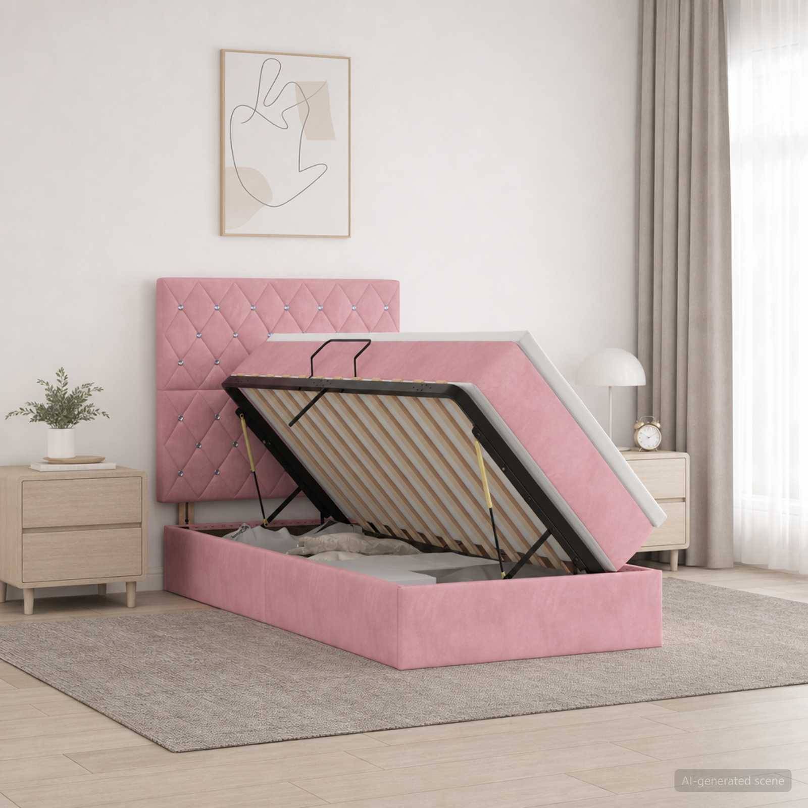 Rosa gepolstertes Speicherbett mit einer Matratze, die auf einer Klappplattform angehoben ist und das Stauraum-Fach unter dem Bett in einem hellen Schlafzimmer zeigt.