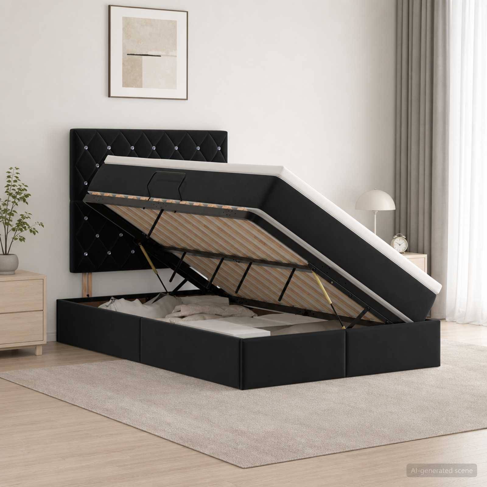 Schwarzes, gepolstertes Boxspringbett mit Hubmechanismus in einem modernen Schlafzimmer, mit erhobener Matratzenunterlage, um den Stauraum unter dem Bett zu zeigen.