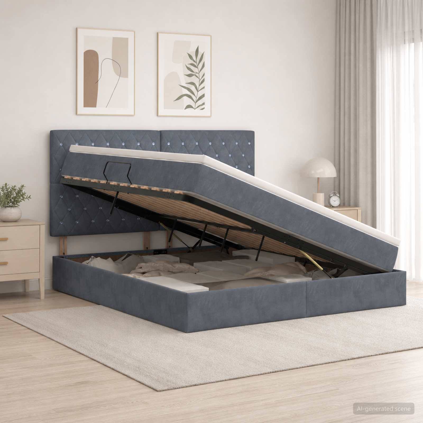 Blau gepolstertes Speicherbett mit angehobenem Bettrahmen auf verstellbarem Gestell, das das Stauraum unter dem Bett in einem hellen Schlafzimmer freilegt.