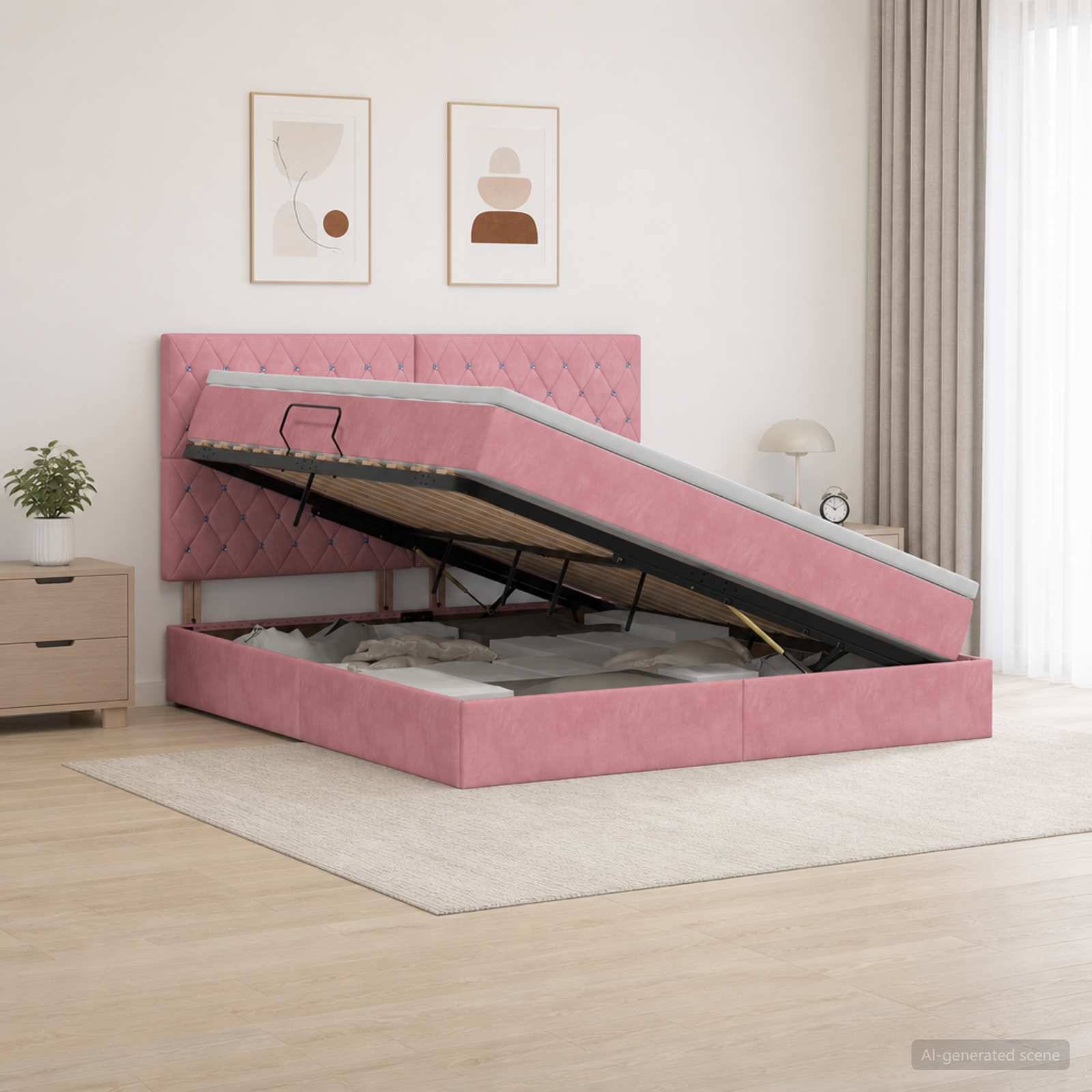Rosa gepolstertes Bett mit Hubbettfunktion in einem hellen Schlafzimmer, wobei die Matratzenunterlage hochgeklappt ist, um den Stauraum unter dem Bett freizulegen.