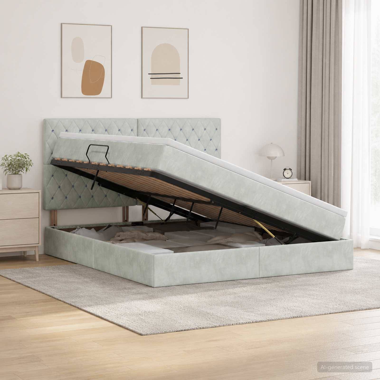 Geöffnetes gepolstertes Speicherbett, das angehoben ist, um das Unter-Bett-Fach in einem minimalistischen Schlafzimmer zu zeigen.
