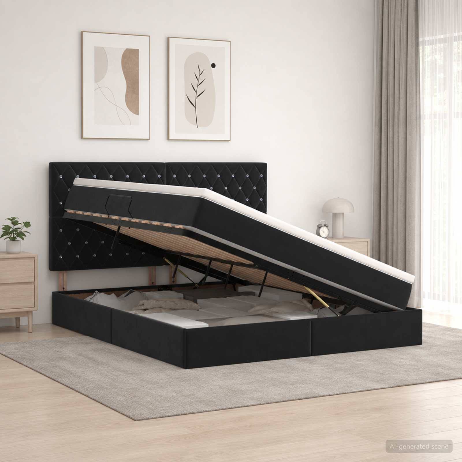 Modernes Schlafzimmer mit einem schwarzen gepolsterten Bett mit Hubmechanismus, das eingebaute Stauraum unter der angehobenen Matratze zeigt, gerahmte Wandkunst und neutrale Einrichtung.