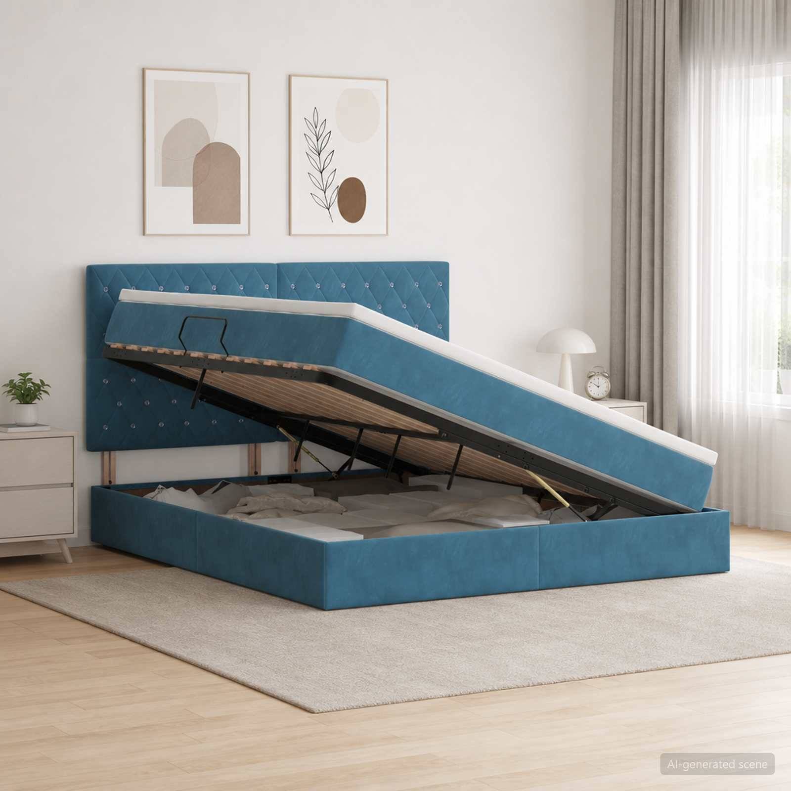 Blau gepolstertes Boxspringbett mit Hubbettfunktion in einem hellen Schlafzimmer, das die angehobene Matratzenplattform und das versteckte Fach darunter zeigt.