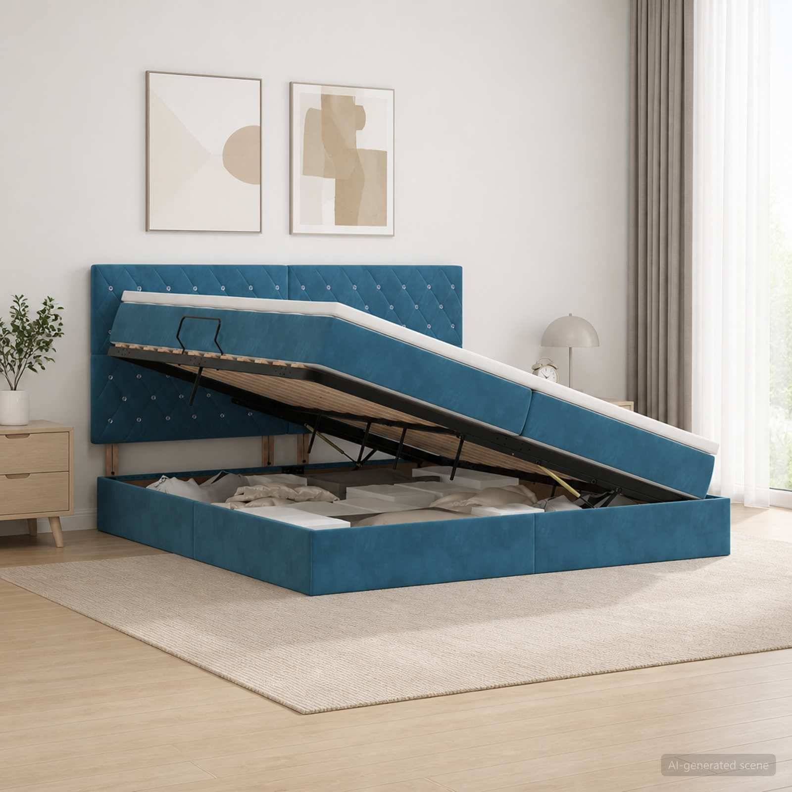 Blau gepolstertes Bett mit Hubmechanismus offen in einem hellen Schlafzimmer, das die Matratzenunterlage und den Stauraum darunter zeigt.