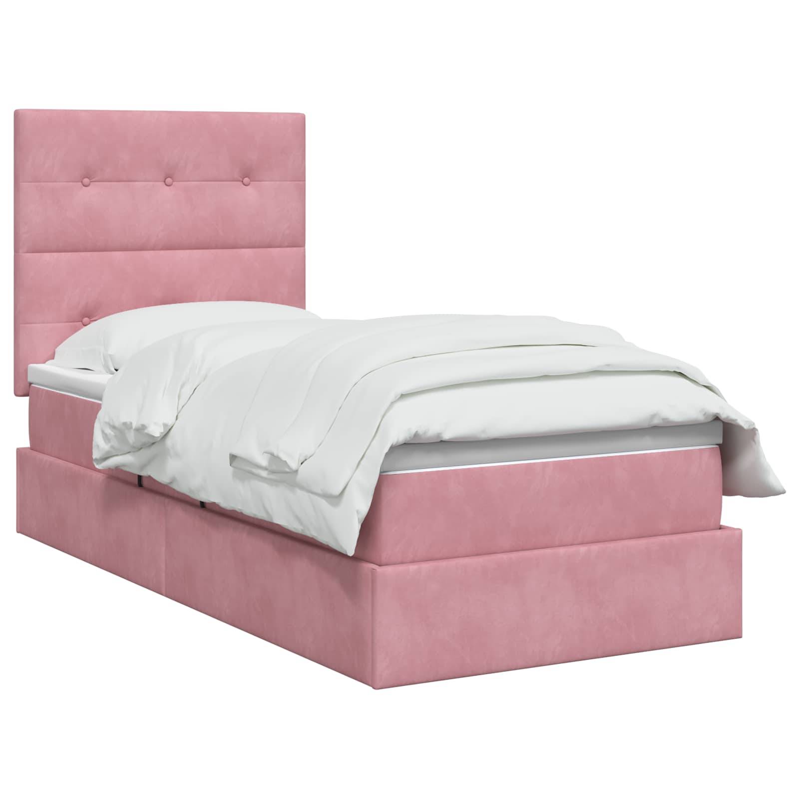 Rosa gepolstertes Einzelbett mit hohem gestepptem Kopfteil und weißer Bettwäsche auf einfachem weißem Hintergrund.