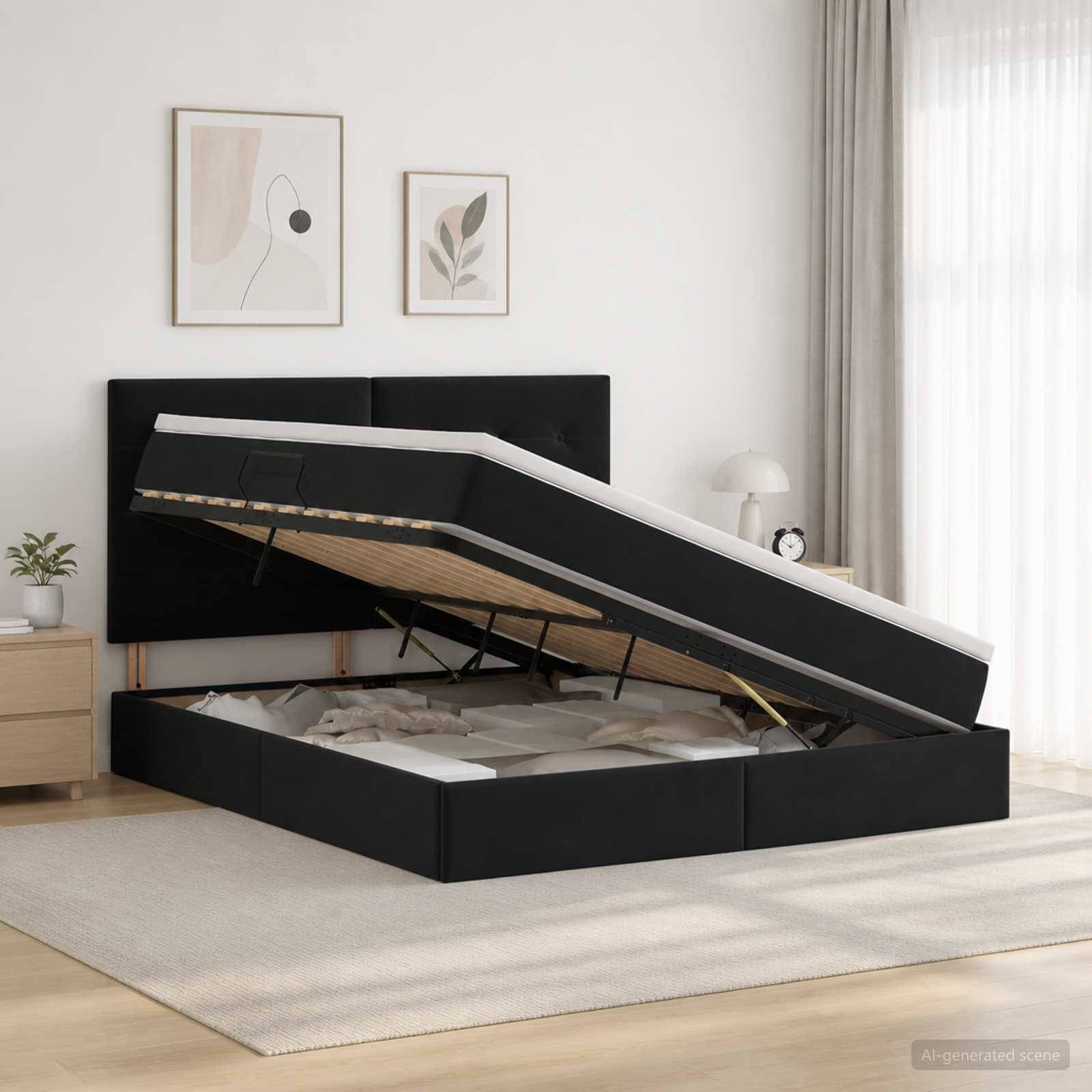 Modernes schwarzes Polsterbett mit Stauraumbasis, das auf einer Gasdruckfeder angehoben wird, wobei die Matratze und das Unter-Bett-Fach in einem hellen Schlafzimmer sichtbar werden.