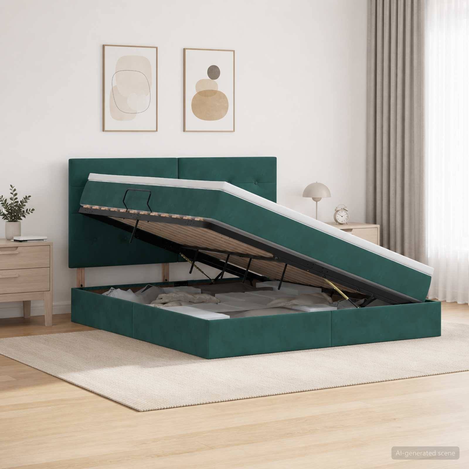 Modernes grünes Polsterbett mit Stauraum, bei dem die Matratze angehoben ist, um das Unter-Bett-Staufach in einem hellen Schlafzimmer zu zeigen.