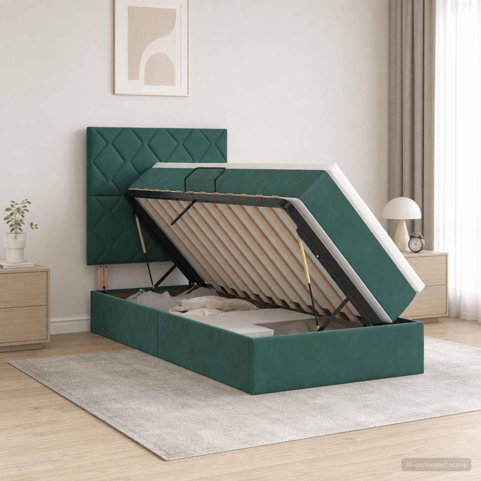 Grünes gepolstertes Bett mit Hubmechanismus und angehobener Matratzenunterlage, das das Staufach im Inneren in einem hellen Schlafzimmer zeigt.