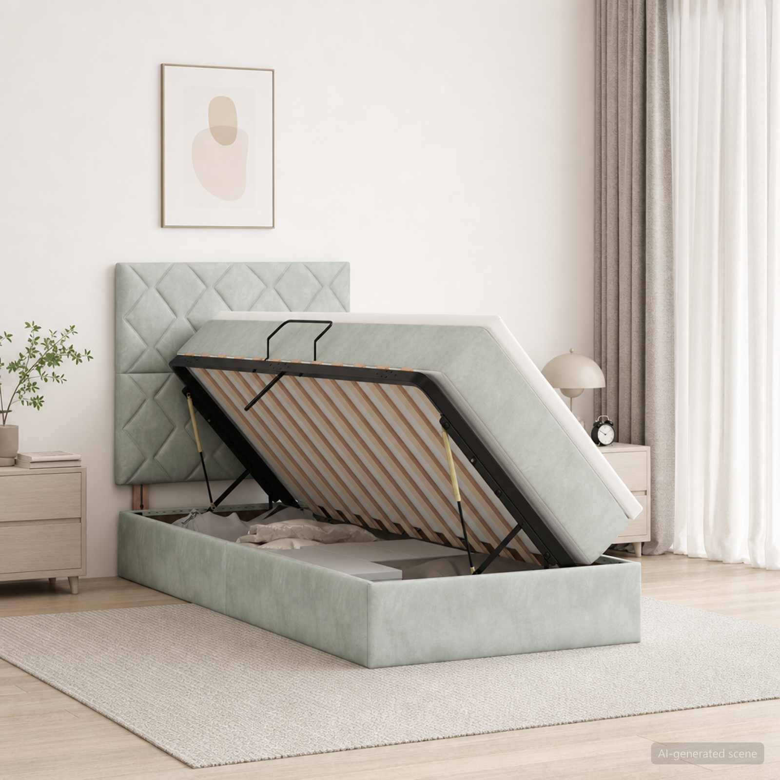 Gepolstertes Speicherbett mit angehobenem Lattenrost und Stauraum in einem hellen, modernen Schlafzimmer.