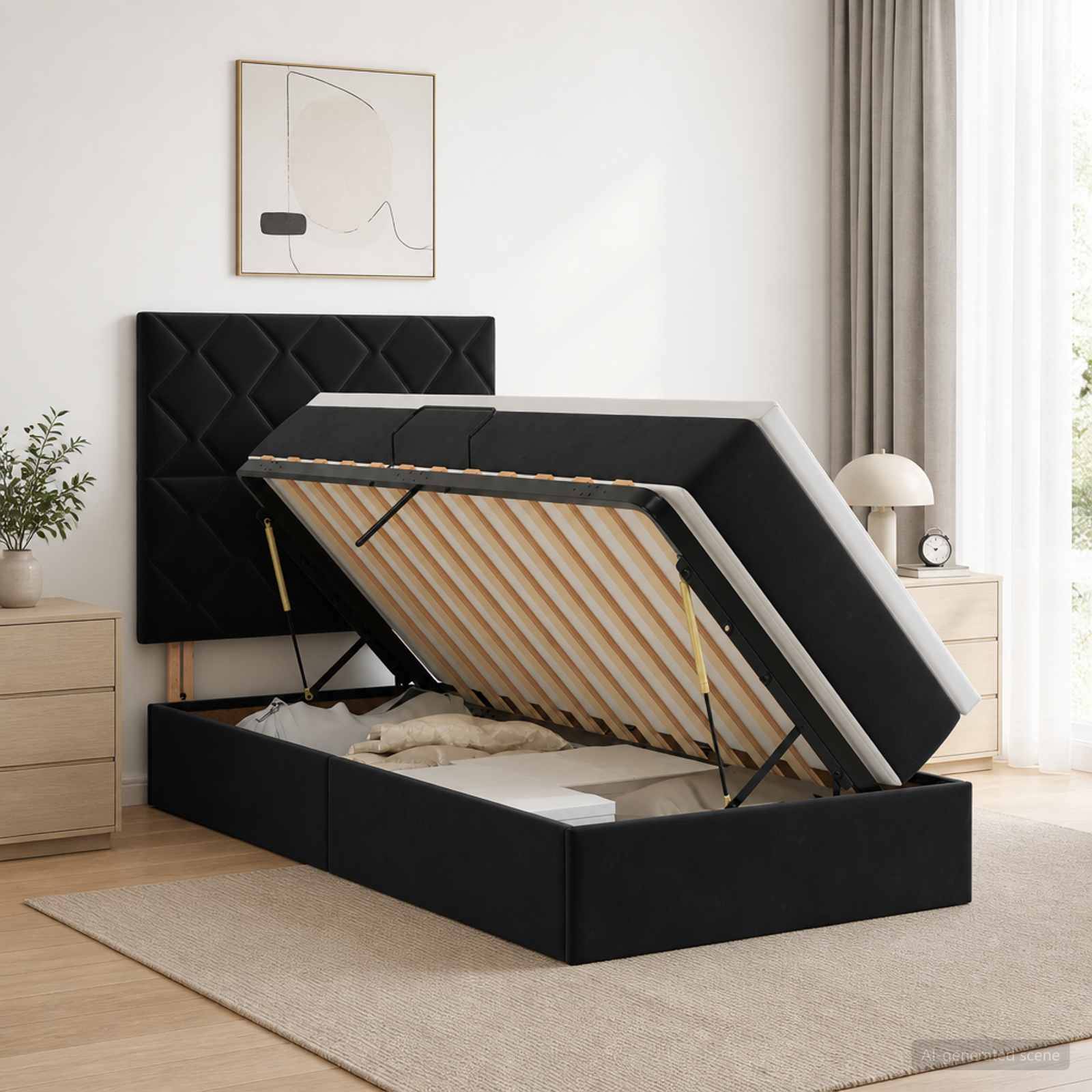 Schwarzes gepolstertes Bett mit Hubmechanismus in einem modernen Schlafzimmer, das die angehobene Matratze auf einem hydraulischen Rahmen zeigt, um den Stauraum unter dem Bett freizulegen.