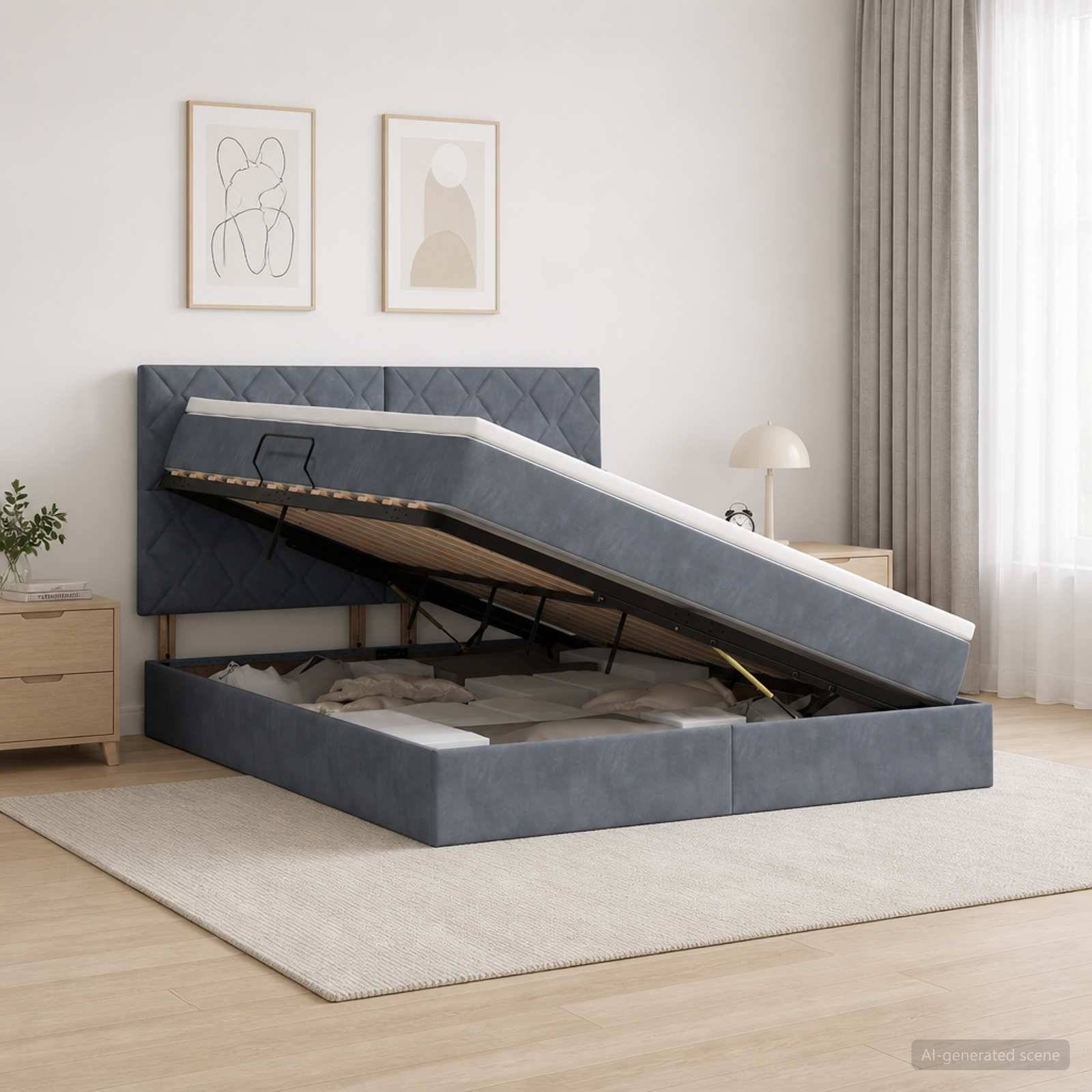 Modernes Polsterbett mit Gasfeder-Heberahmen und angehobenem Bettrahmen, der den Stauraum unter dem Bett in einem hellen Schlafzimmer freilegt.