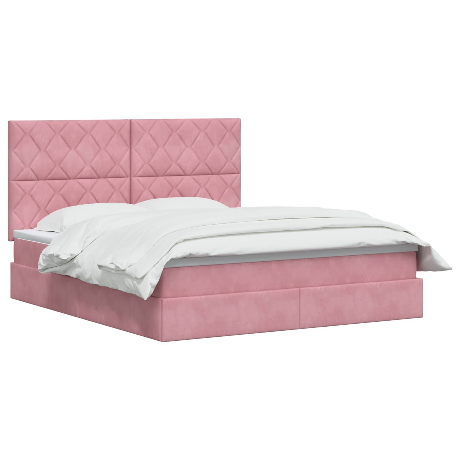 Bett mit rosa Polsterung, mit rauten gestepptem Kopfteil und weißer Bettwäsche auf einem einfachen weißen Hintergrund.