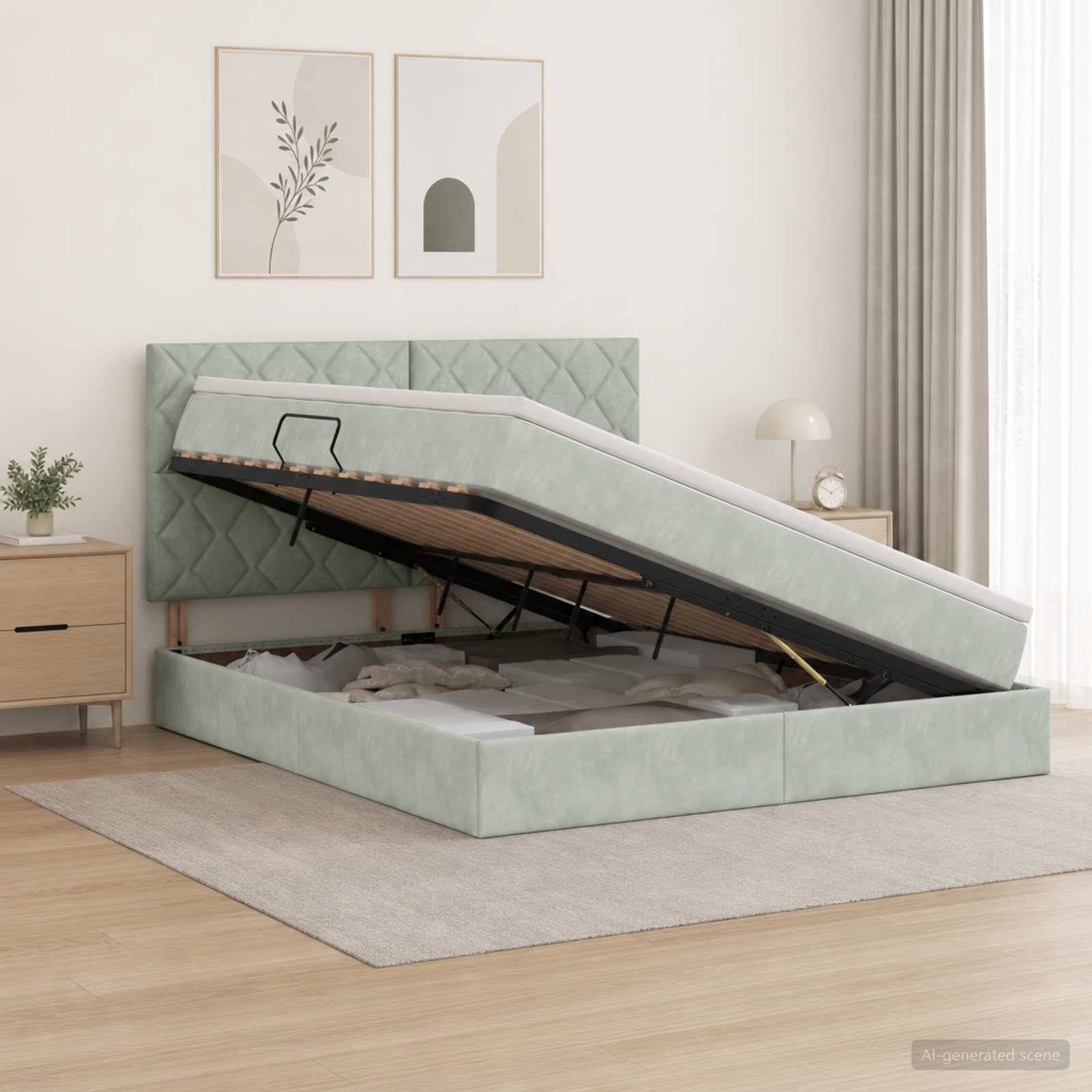 Mintgrünes, gepolstertes Bett mit Hydraulikliftsystem in einem hellen Schlafzimmer, mit hochgehobenem Bett, das den Stauraum unter dem Bett enthüllt.