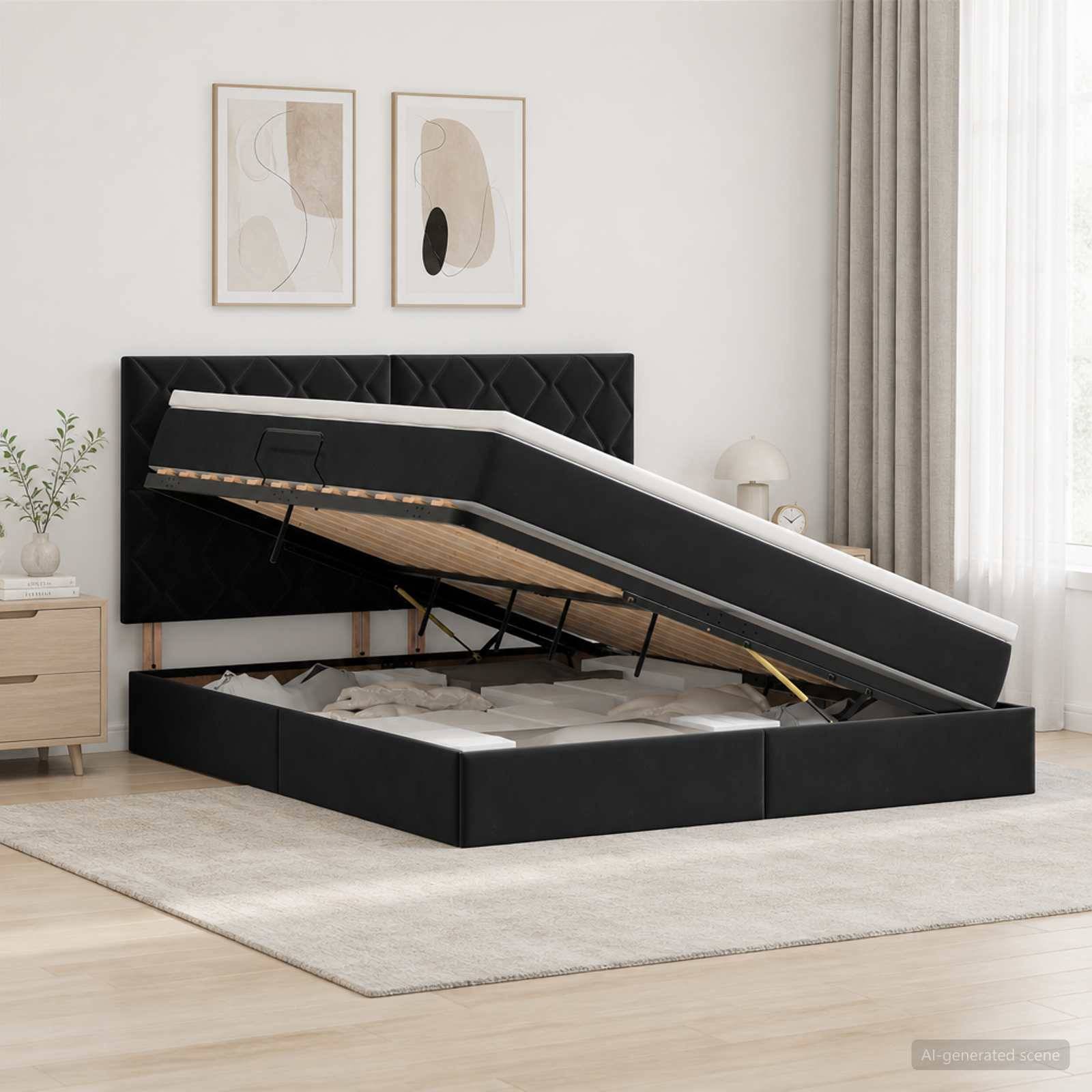 Schwarzes gepolstertes Bett mit hydraulischem Hubmechanismus und angehobener Matratze, die den Stauraum unter dem Bett in einem hellen modernen Schlafzimmer freilegt.