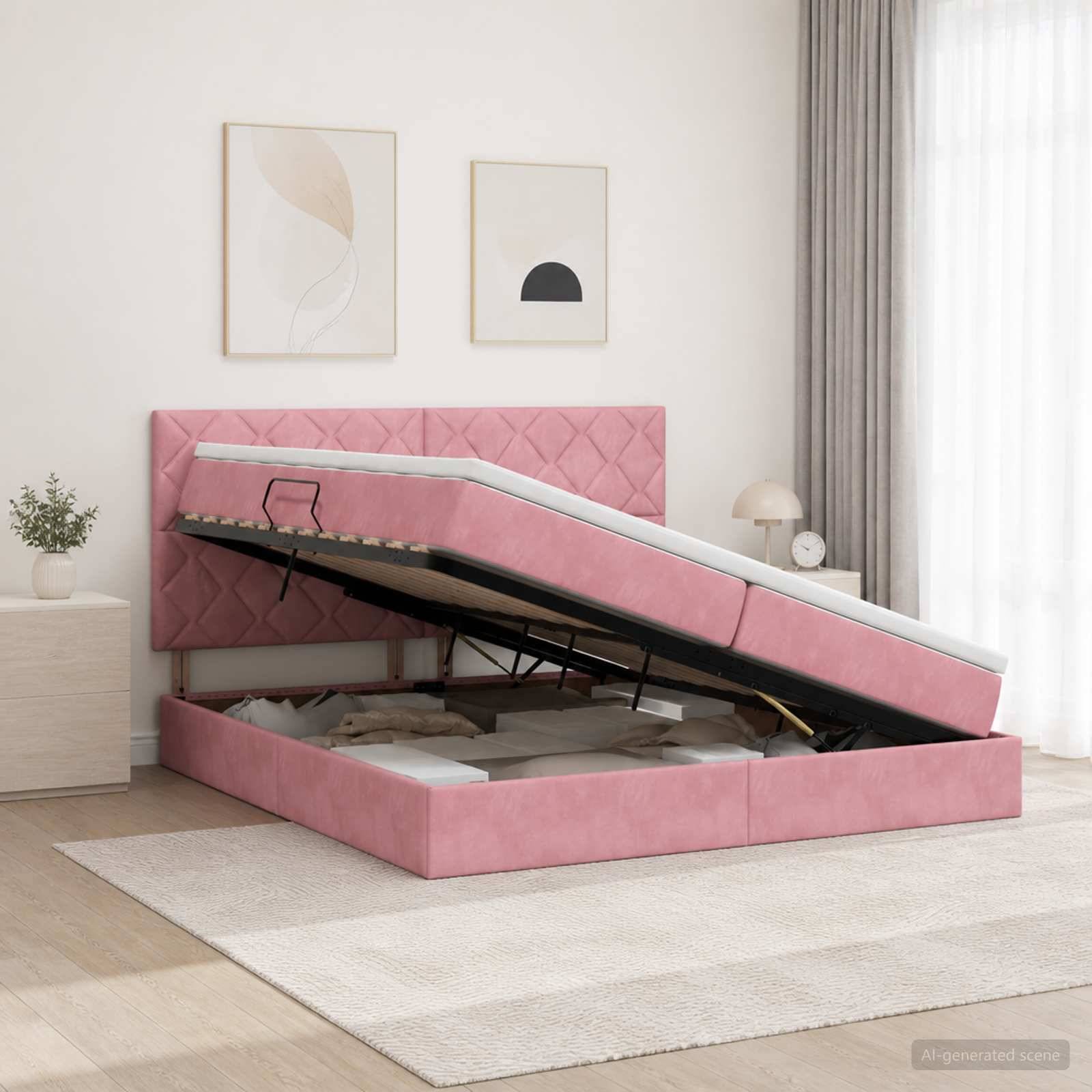Rosa gepolstertes Bett mit klappbarer Speicherbasis, offen um das Unter-Bett-Fach in einem hellen Schlafzimmer zu zeigen.