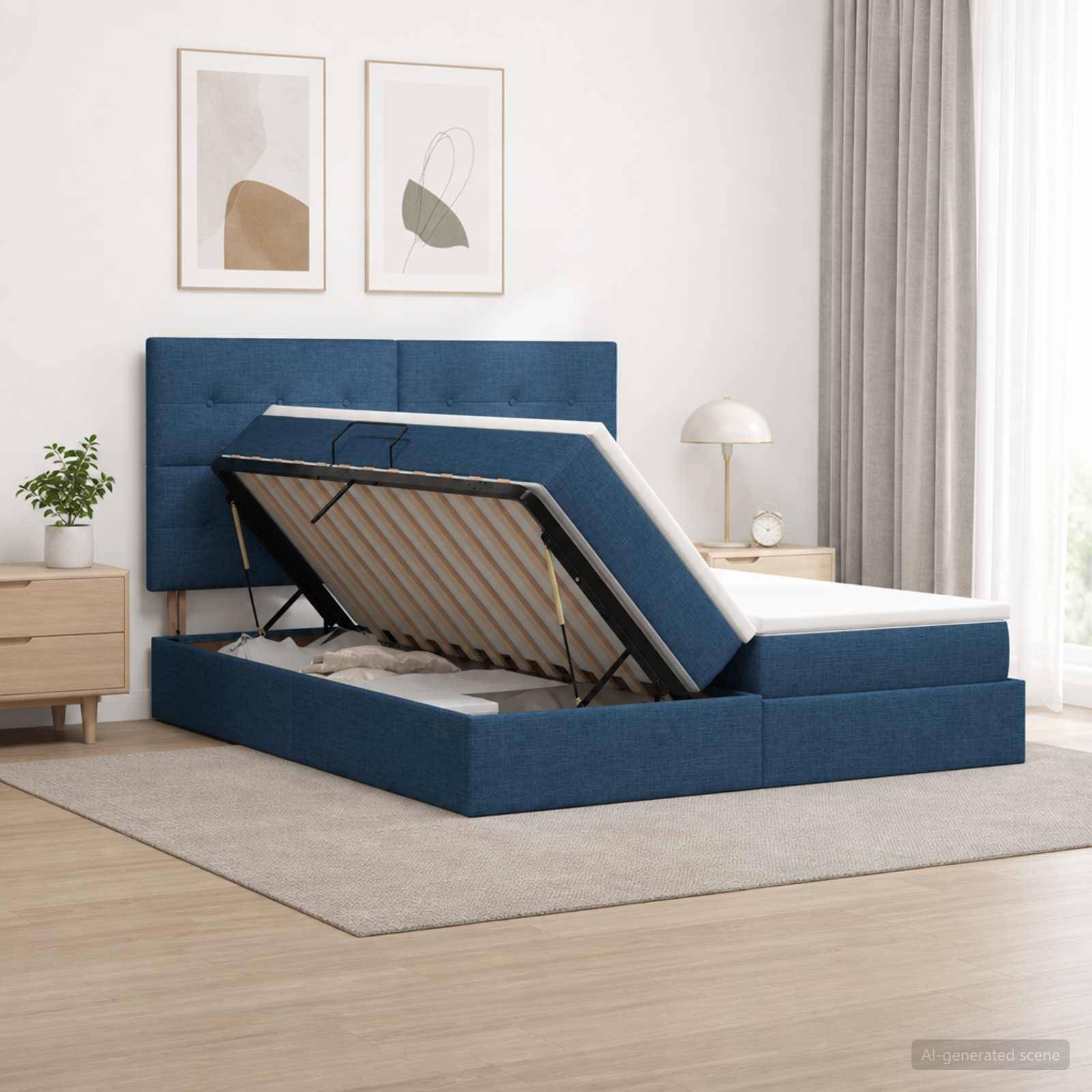 Blaues Polsterbett mit Stauraum in einem hellen Schlafzimmer, mit angehobenem Matratzen, das den Stauraum unter dem Bett offenbart.