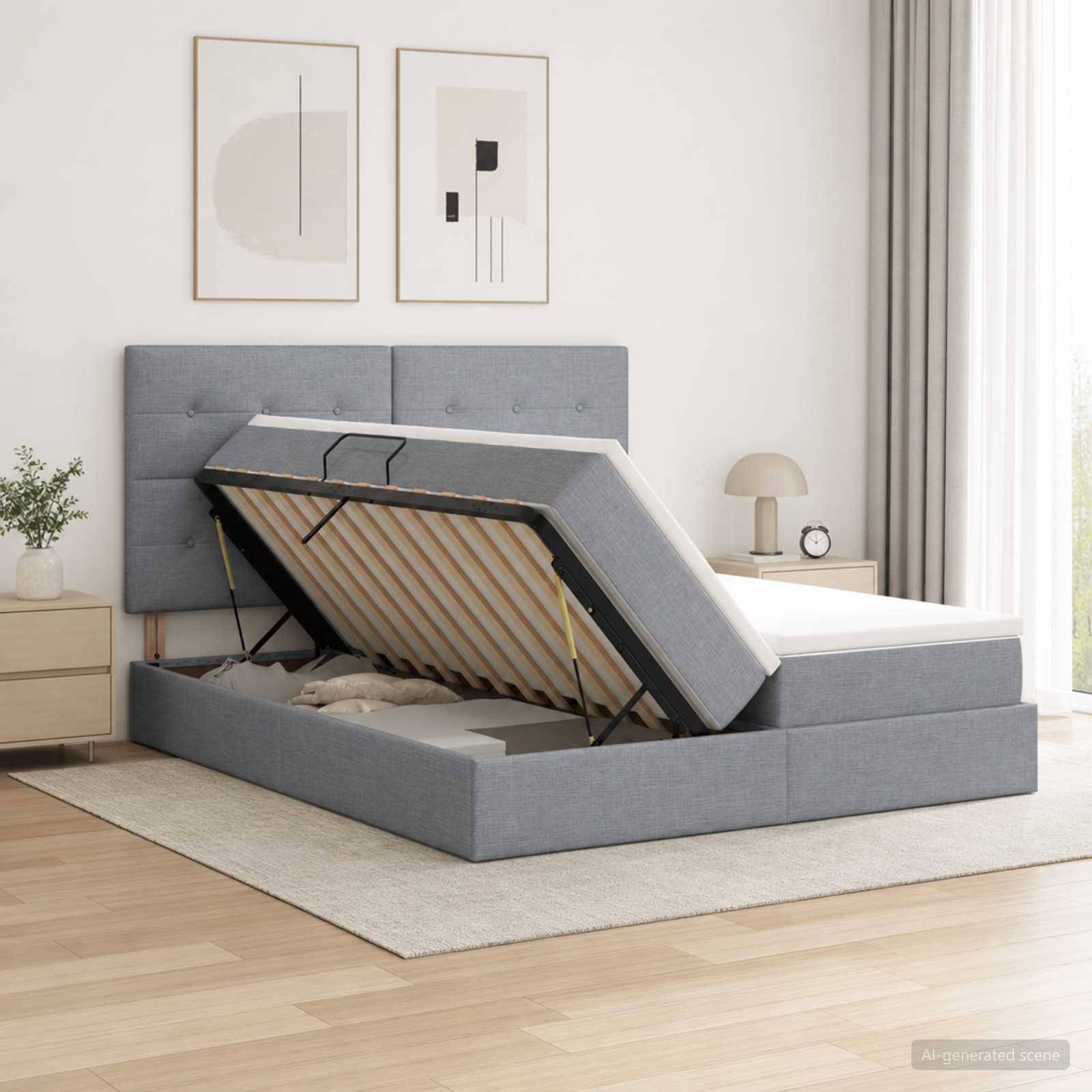 Grau gepolstertes Bett mit angehobener Matratze, das den Stauraum unter dem Bett zeigt, in einem hellen, minimalistischen Schlafzimmer.
