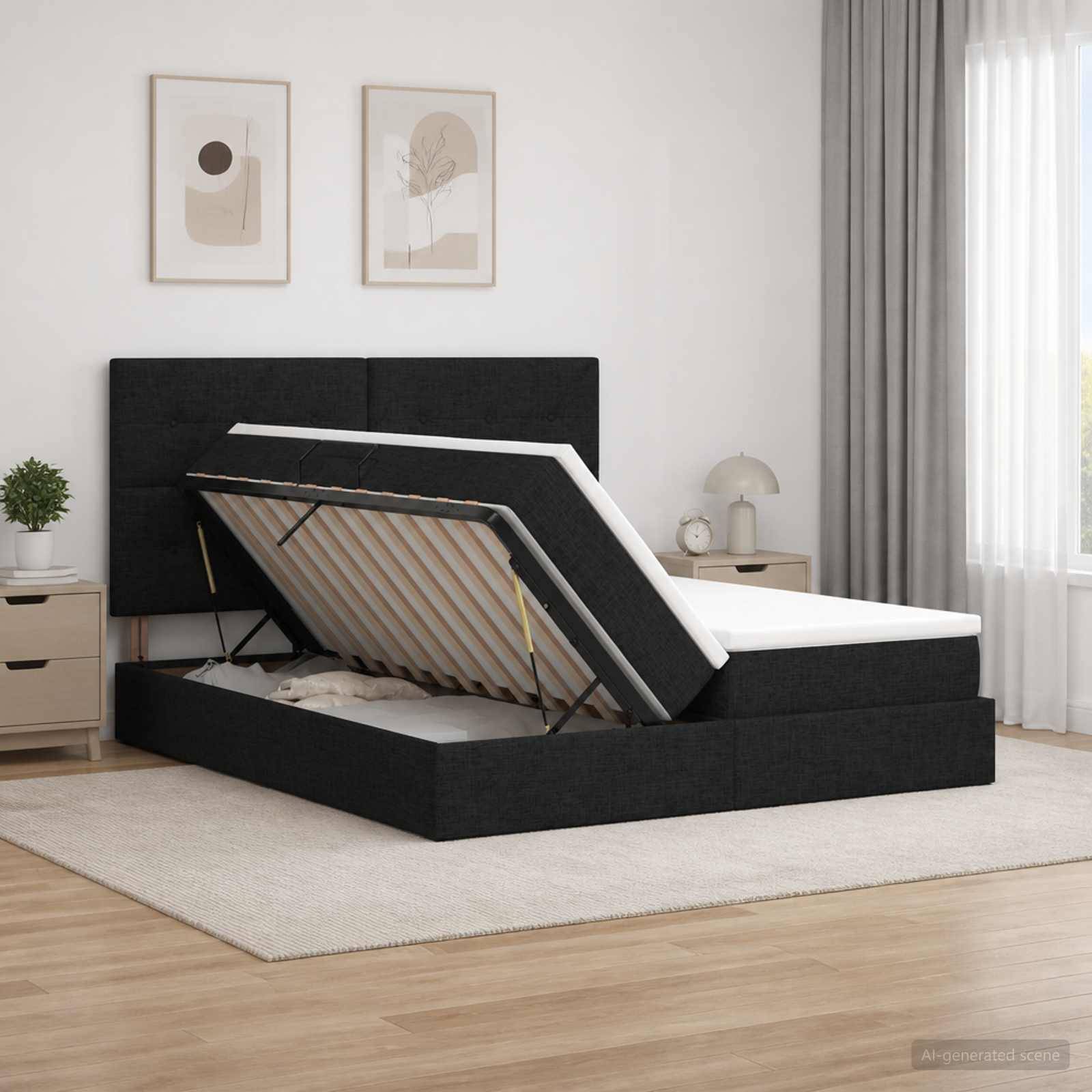 Schwarzes gepolstertes Speicherbett mit angehobenem Bett, das die Gasfeder-Basis freigelegte, in einem hell minimalistischem Schlafzimmer.