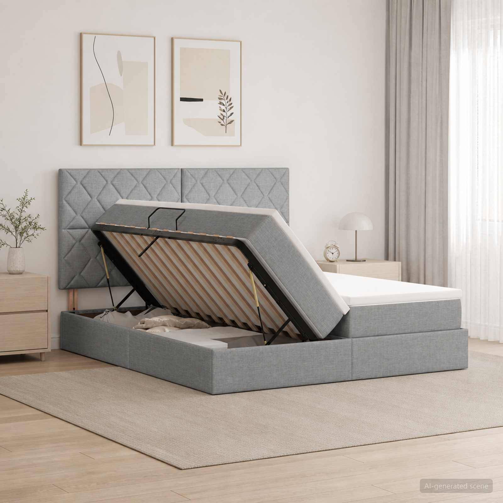 Grau gepolstertes Bett mit Hubtechnik und erhobener Matratze, das den Stauraum unter dem Bett in einem hellen, minimalistischen Schlafzimmer zeigt.