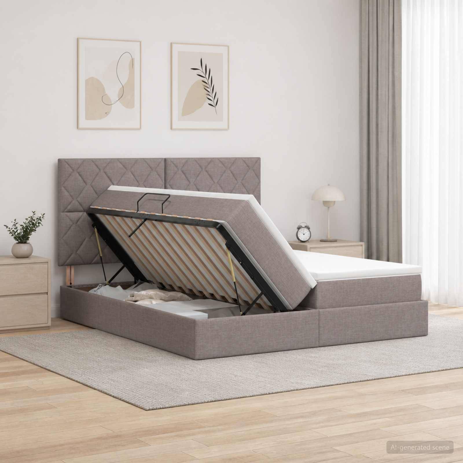 Gepolstertes Bettgestell mit Stauraumbasis und erhobener Matratzenplattform, das einen verstellbaren Hebebelag in einem hellen, minimalistischen Schlafzimmer zeigt.