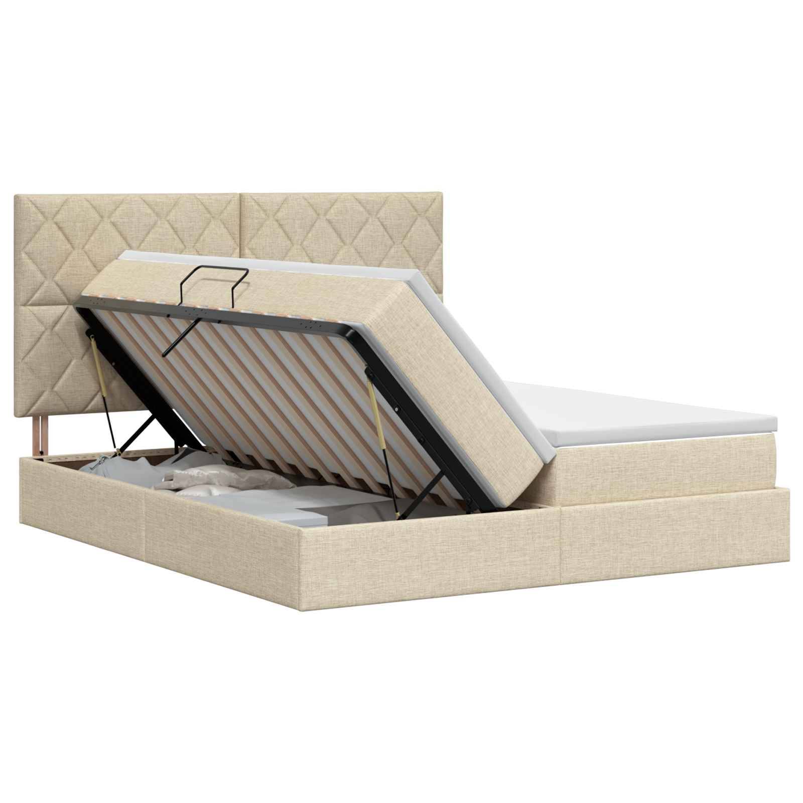 Beige gepolstertes Bett mit Stauraum, bei dem die Matratzenunterlage hochgeklappt ist und das Unter-Bett-Stauraum-Fach und das Gasdruckfeder-Stützgestell zeigt.