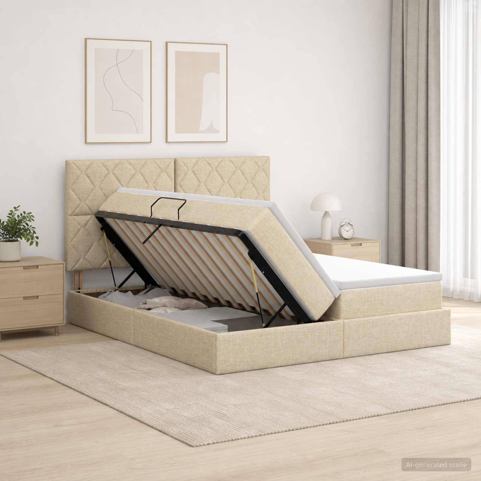 Beiges Polsterbett mit hydraulischem Hubmechanismus, das die Matratze öffnet und Stauraum unter dem Bett in einem minimalistischen Schlafzimmer offenbart.
