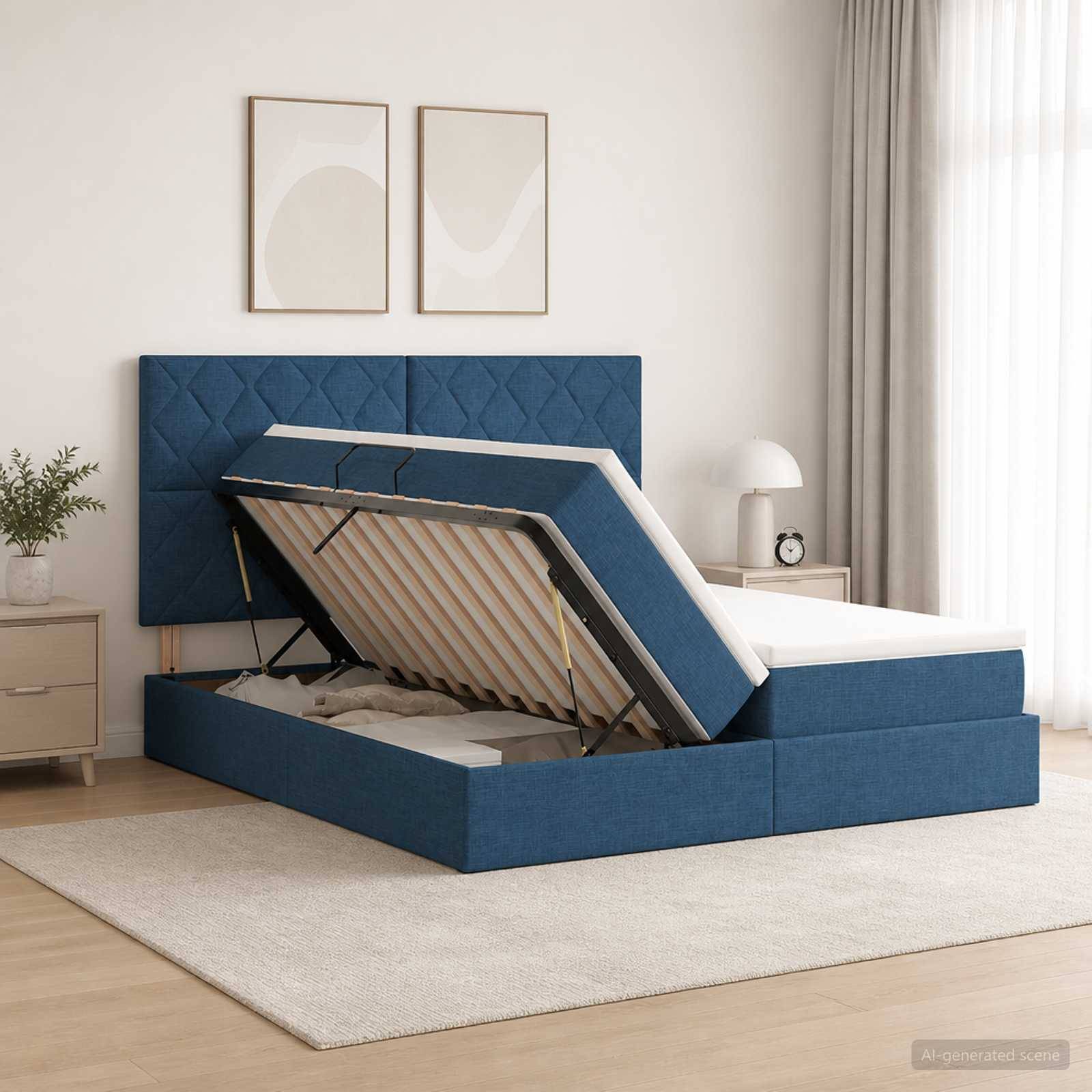 Blau gepolstertes Bettgestell mit Hubbettfunktion und offenem Stauraum, zeigt den Matratzenunterbau-Mechanismus in einem modernen Schlafzimmer.