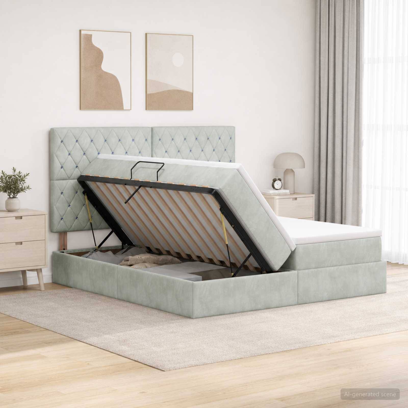 Modernes gepolstertes Bett mit Stauraum, bei dem die Matratze auf einem hydraulischen Rahmen angehoben ist und den Stauraum unter dem Bett in einem hellen Schlafzimmer freilegt.