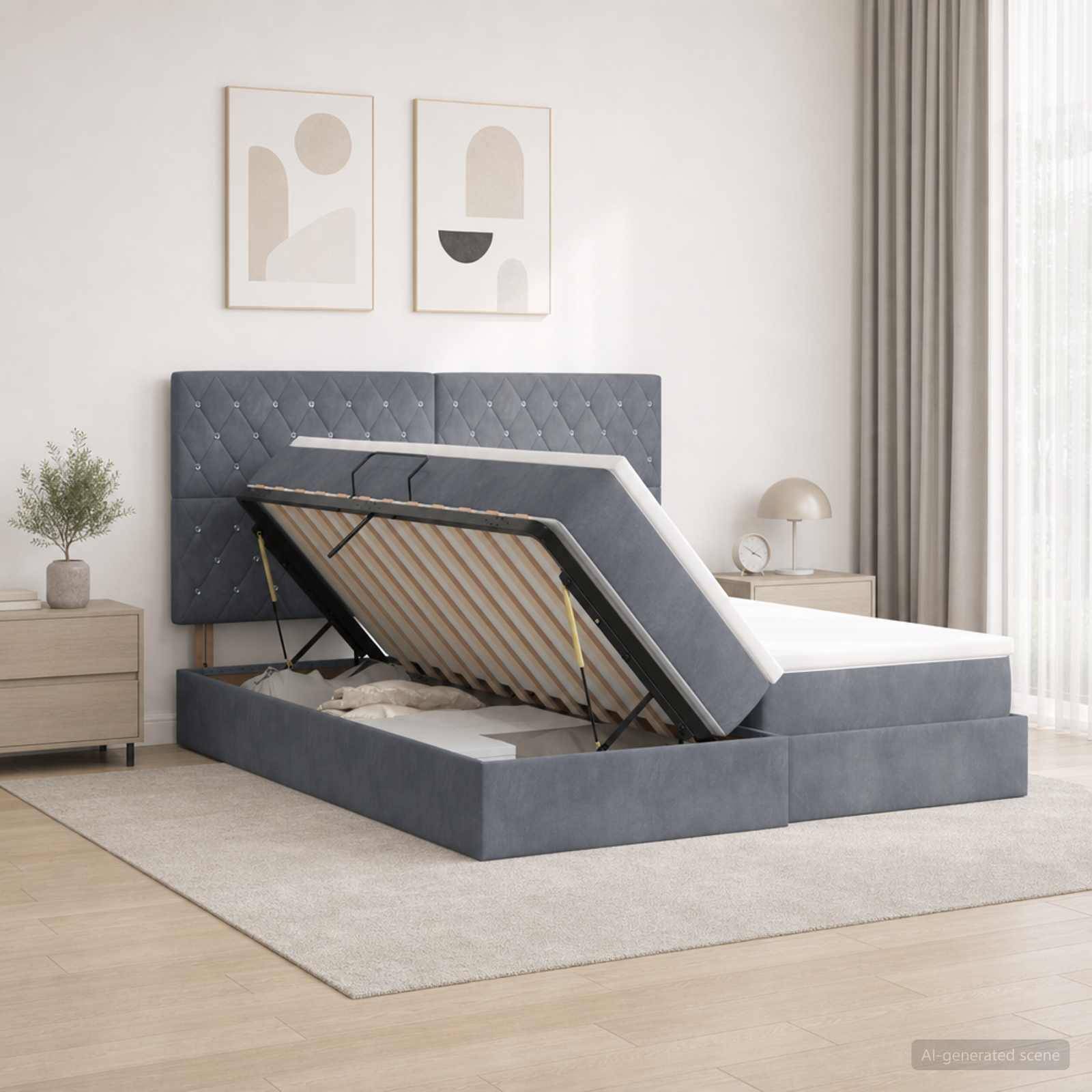 Grau gepolstertes Bett mit Speicherbasis, aufgeklappt, um die Matratzenunterlage und das innere Fach in einem hellen modernen Schlafzimmer zu zeigen.
