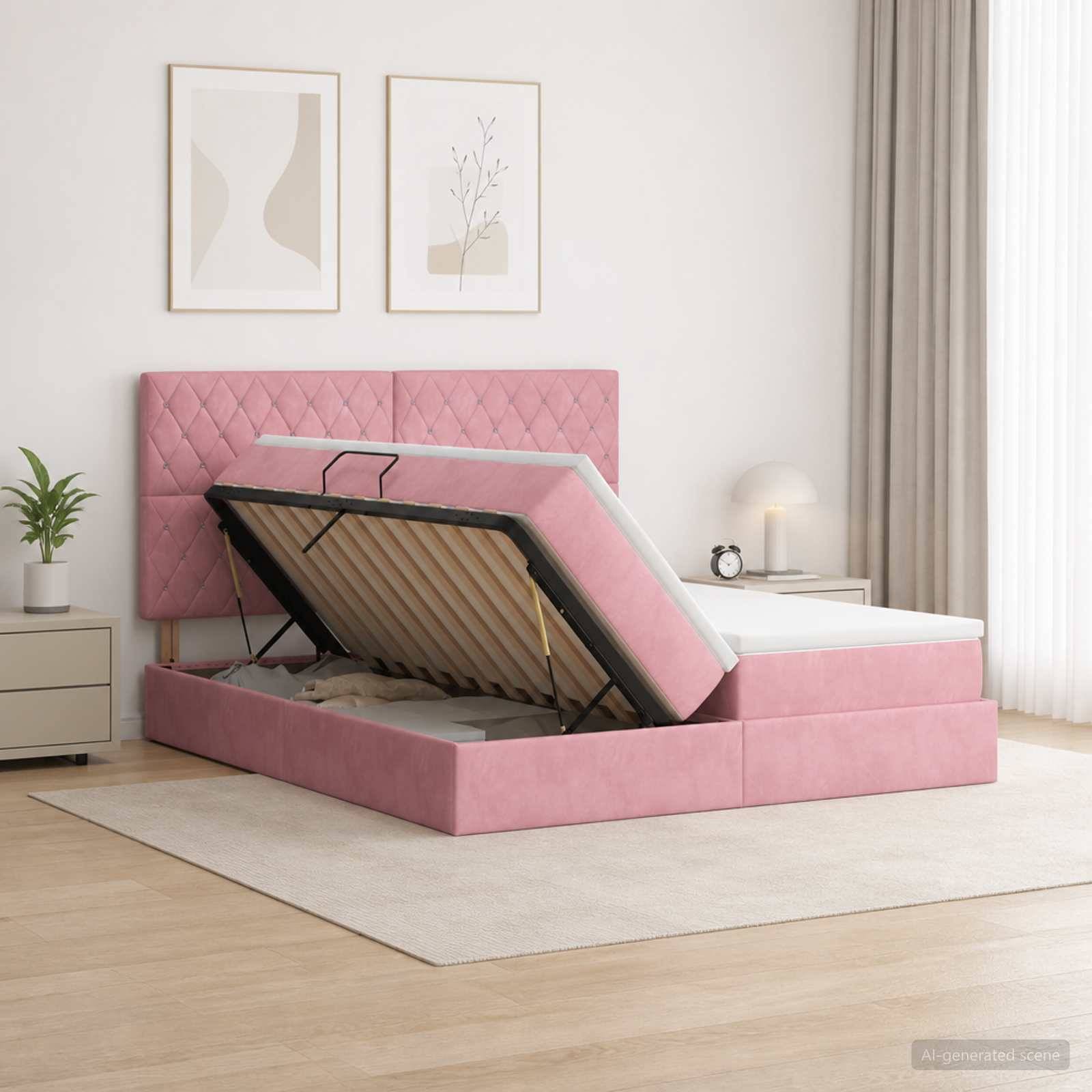 Rosa gepolstertes Stauraumbett mit angehobenem Lattenrost, das das Stauraum-Fach unter dem Bett in einem hellen modernen Schlafzimmer zeigt.