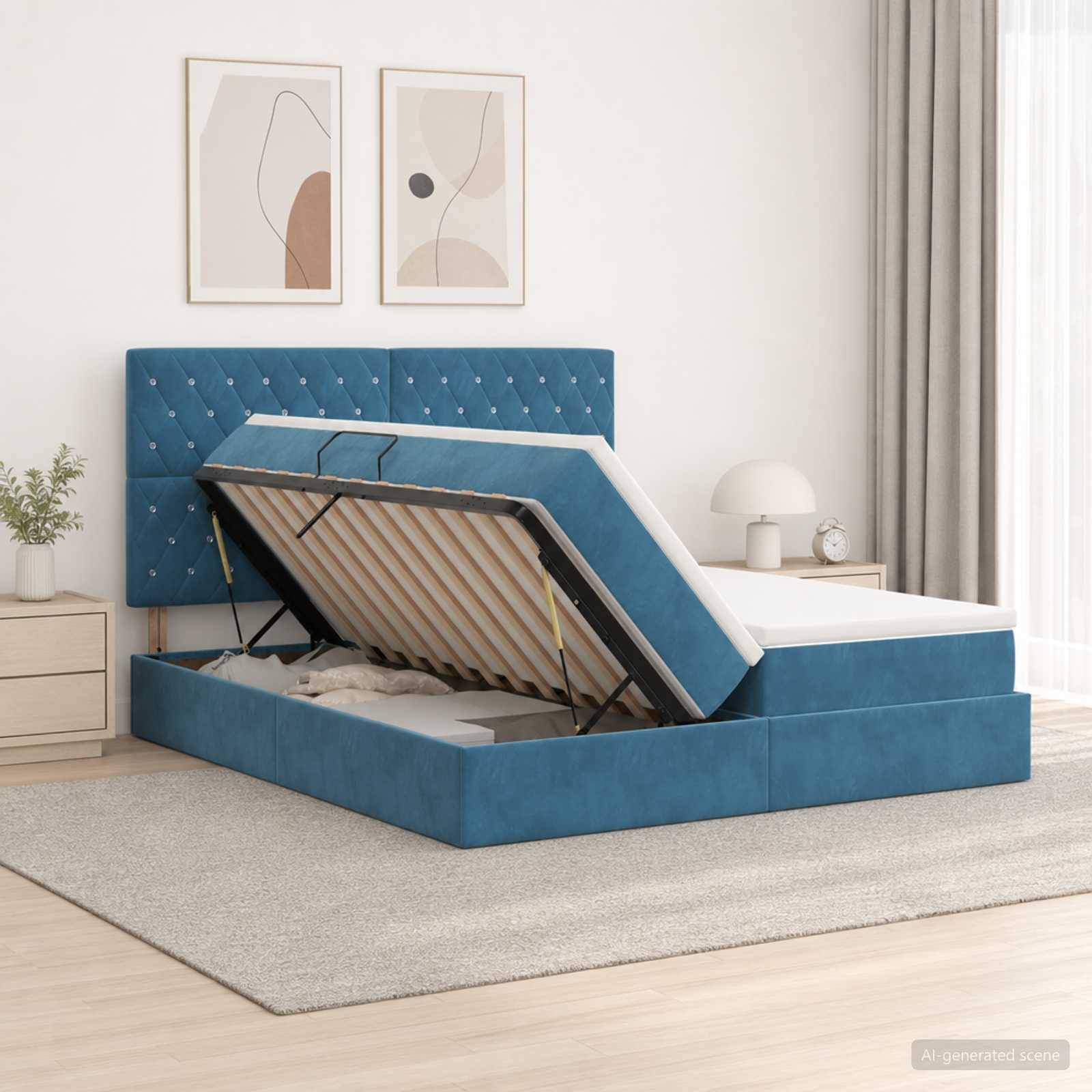 Blaugepolstertes Bettgestell mit Hubtür, das sich öffnet und den Stauraum in einem modernen Schlafzimmer freigibt.