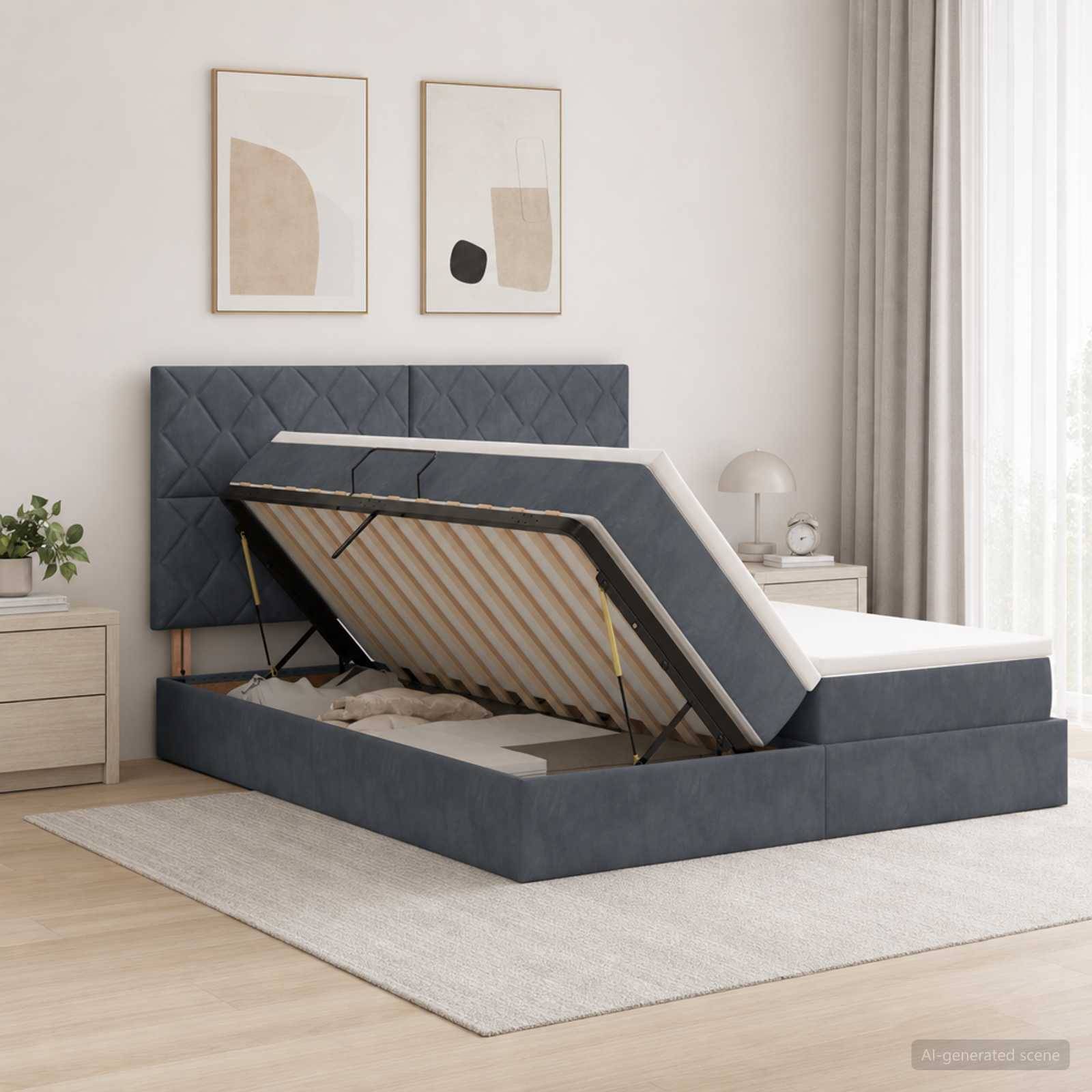 Modernes Polsterbett mit Hubstauraum-Basis, offen, um das Unter-Bett-Fach in einem hellen Schlafzimmer zu zeigen.