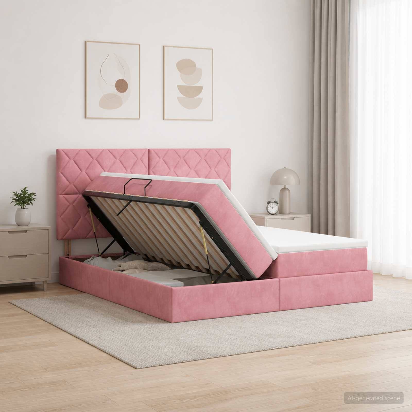 Rosafarbenes Polsterbett mit Stauraum, dessen Matratze angehoben ist, um ein Unter-Bett-Fach in einem hellen, minimalistischen Schlafzimmer zu zeigen.