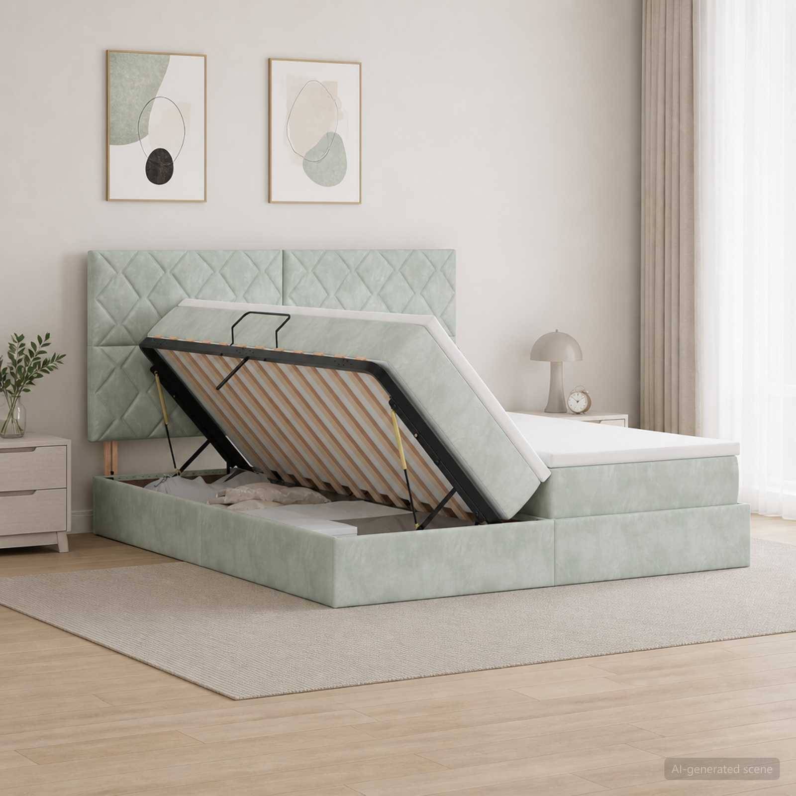 Mintgrünes gepolstertes Speicherbett mit angehobener Matratze, die die innere Latten-Basis und das Stauraum-Fach in einem hellen Schlafzimmer offenbart.