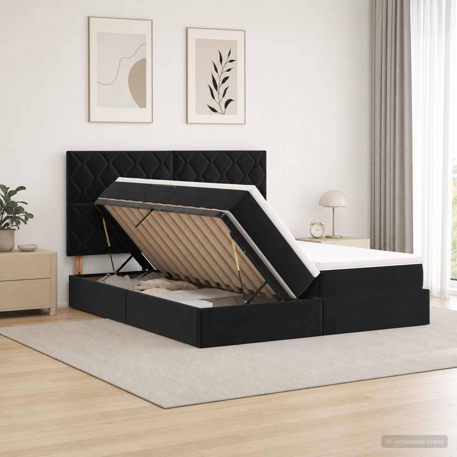 Modernes gepolstertes Bett mit Speicherbasis, dargestellt mit erhobener Matratze, um den Lattenrost und den Stauraum unter dem Bett in einem hellen Schlafzimmer zu zeigen.