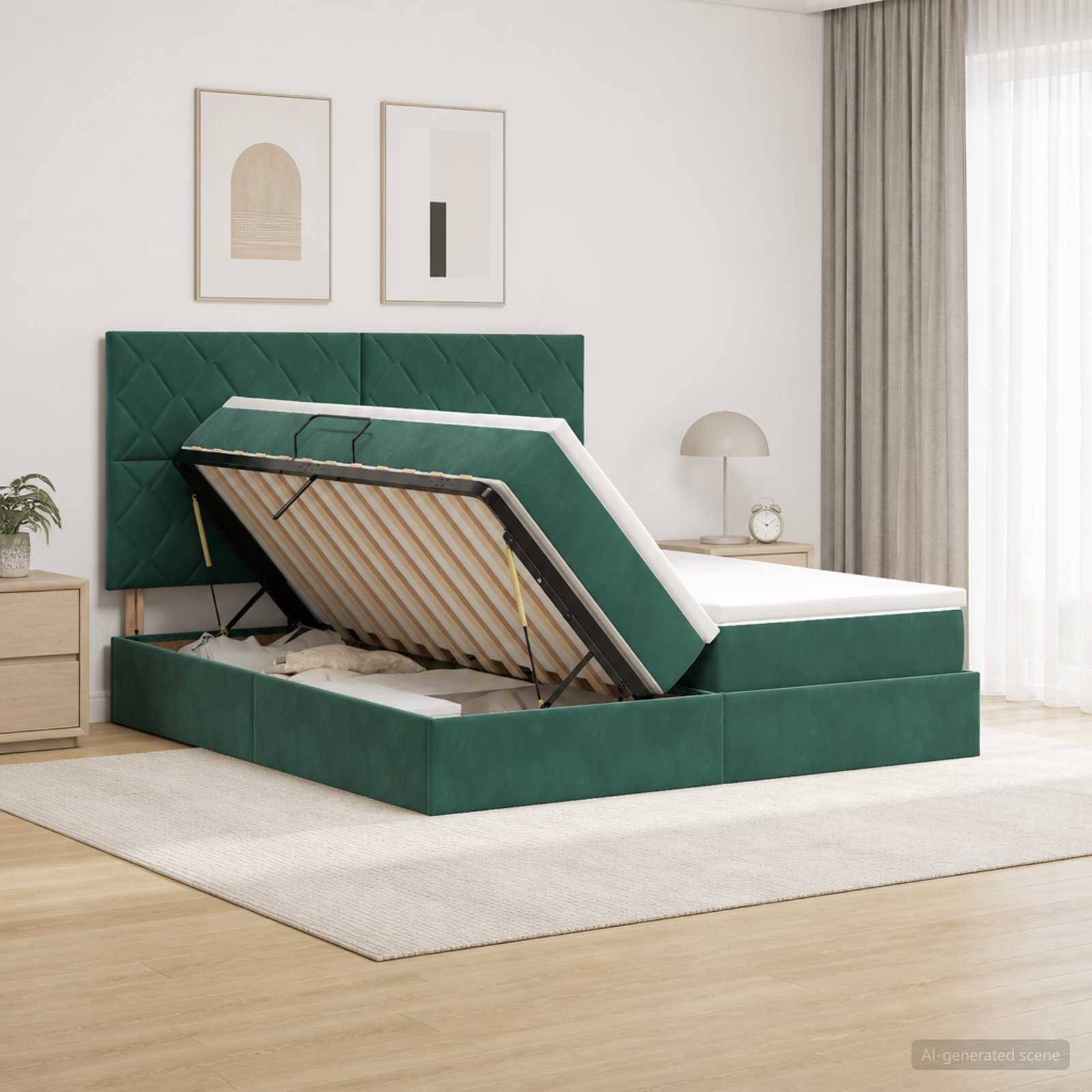 Grünes, gepolstertes Bett mit Hebespeicher in einem hellen Schlafzimmer, auf dem die Matratze angehoben ist, um den Speicherplatz unter dem Bett zu zeigen.